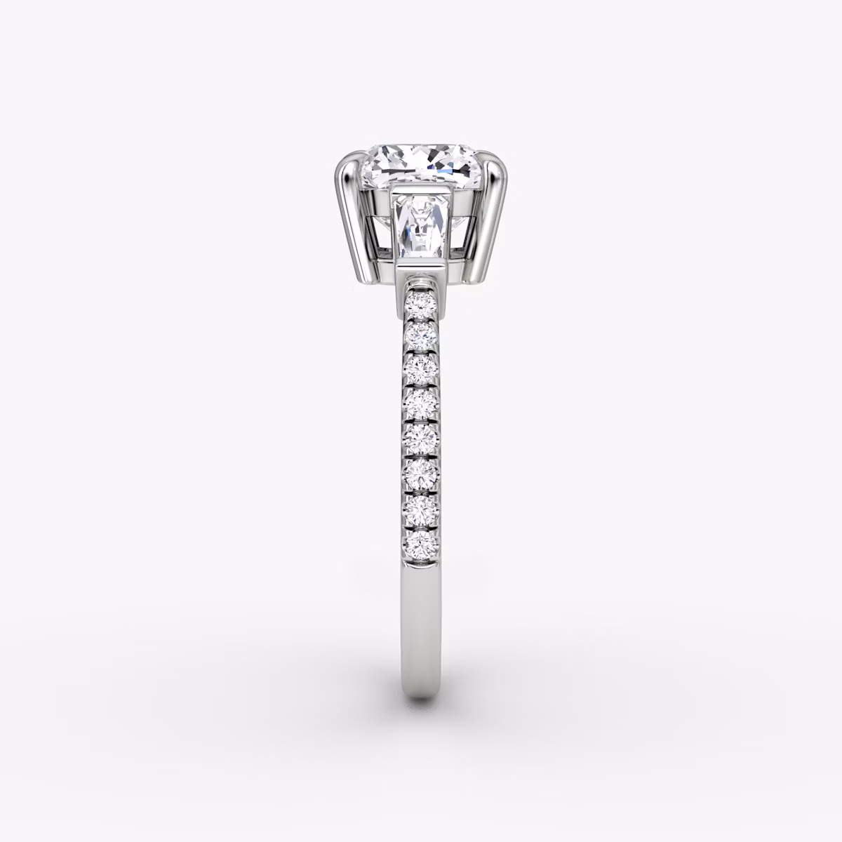 The Tapered Baguette Three Stone | Cushion | 18k | White Gold | bandAccent: Pavé | caratWeight: 1.0ct | excludeFromFeed: null | diamondOrientation: vertical