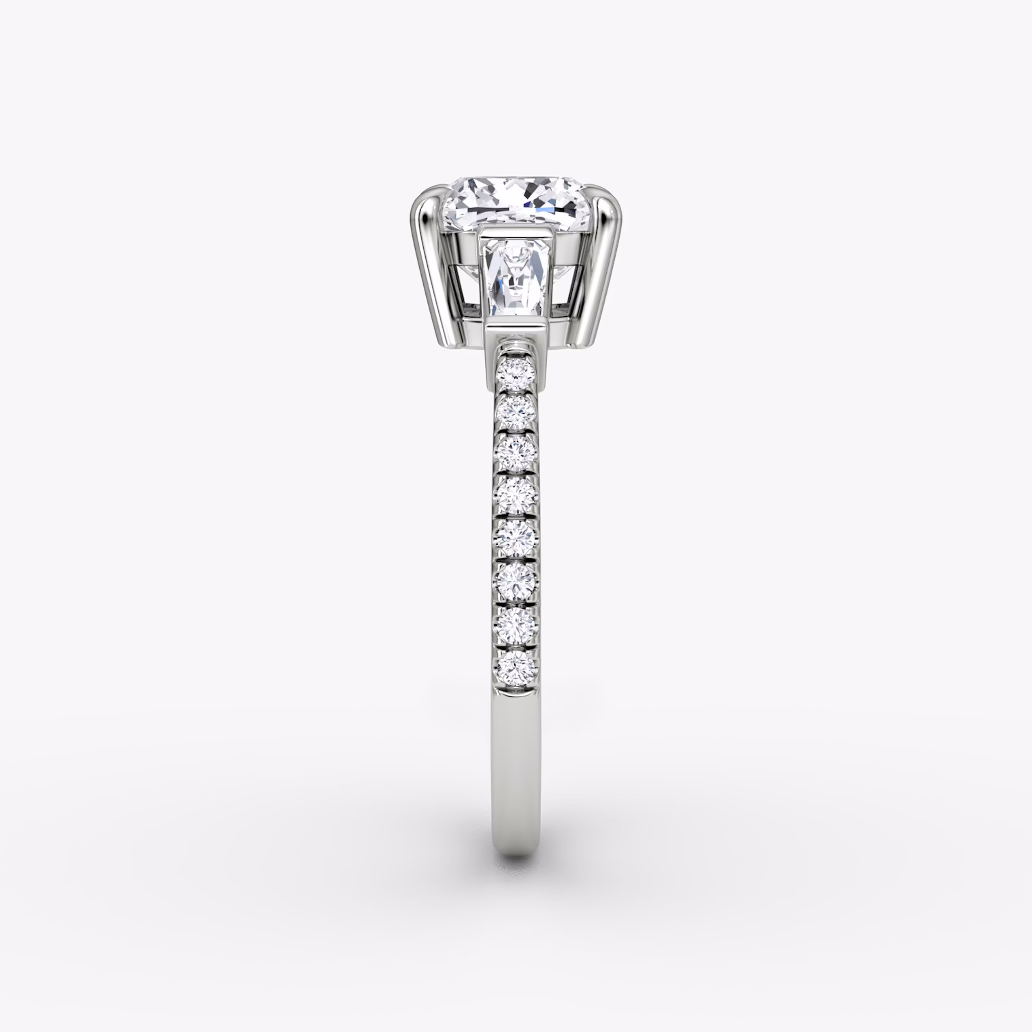 The Tapered Baguette Three Stone | Cushion | 18k | White Gold | bandAccent: Pavé | excludeFromFeed: null | diamondOrientation: vertical | caratWeight: other