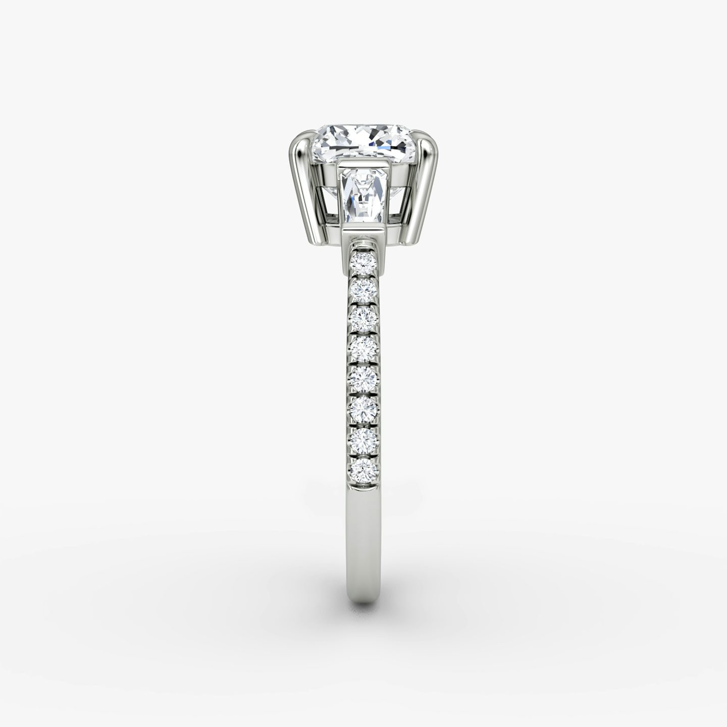 The Tapered Baguette Three Stone | Cushion | 18k | White Gold | bandAccent: Pavé | excludeFromFeed: null | diamondOrientation: vertical | caratWeight: other
