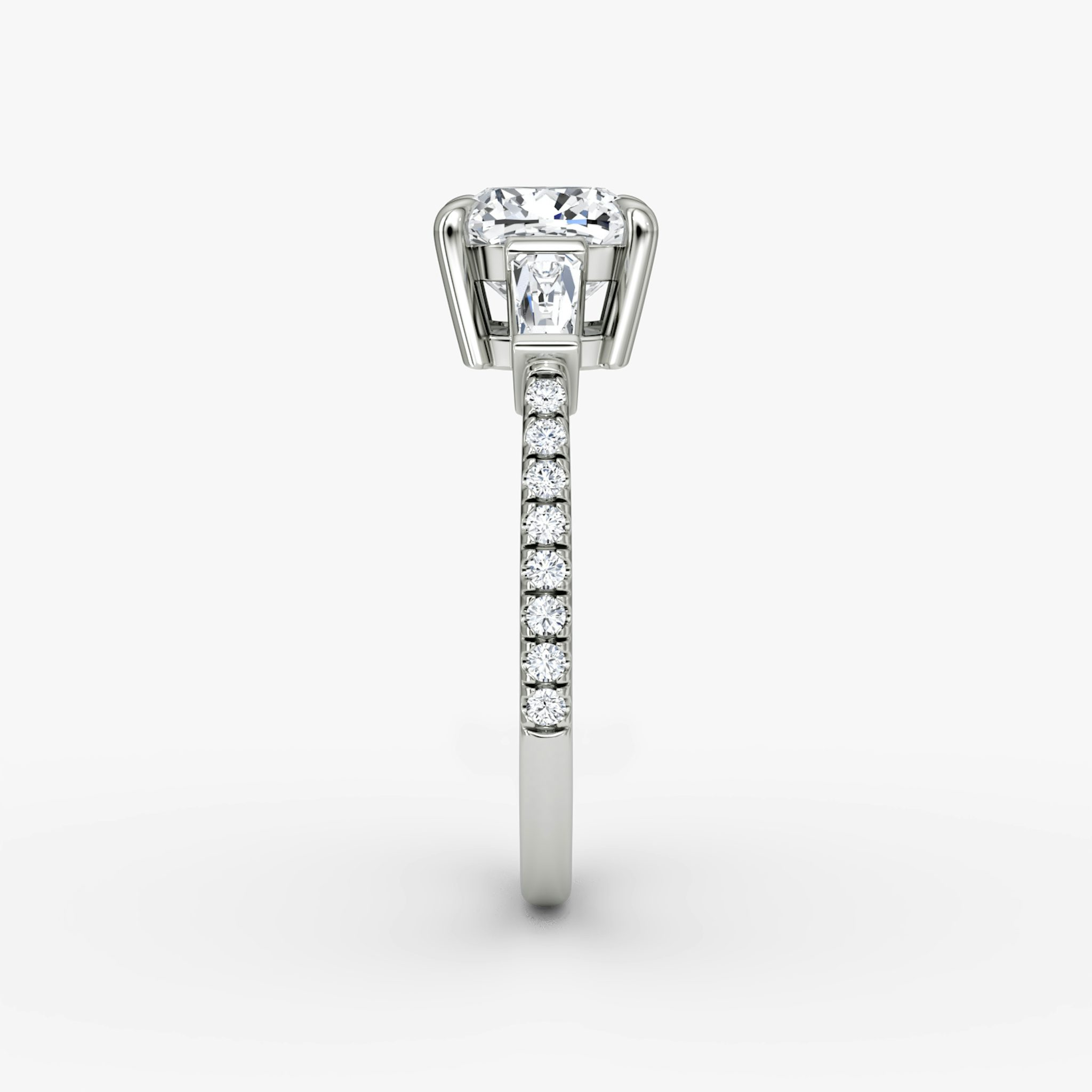 The Tapered Baguette Three Stone | Cushion | 18k | White Gold | bandAccent: Pavé | excludeFromFeed: null | diamondOrientation: vertical | caratWeight: other