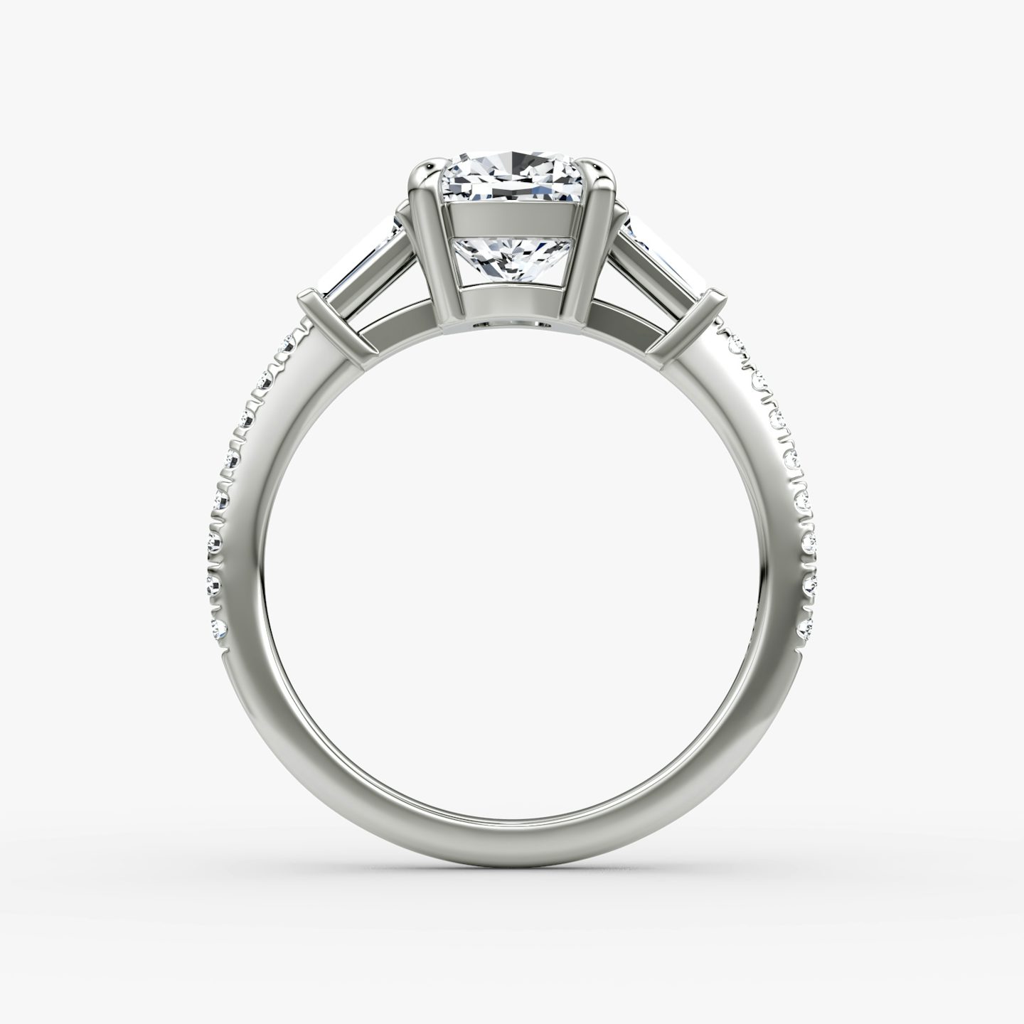 The Tapered Baguette Three Stone | Cushion | Platinum | bandAccent: Pavé | excludeFromFeed: null | diamondOrientation: vertical | caratWeight: other