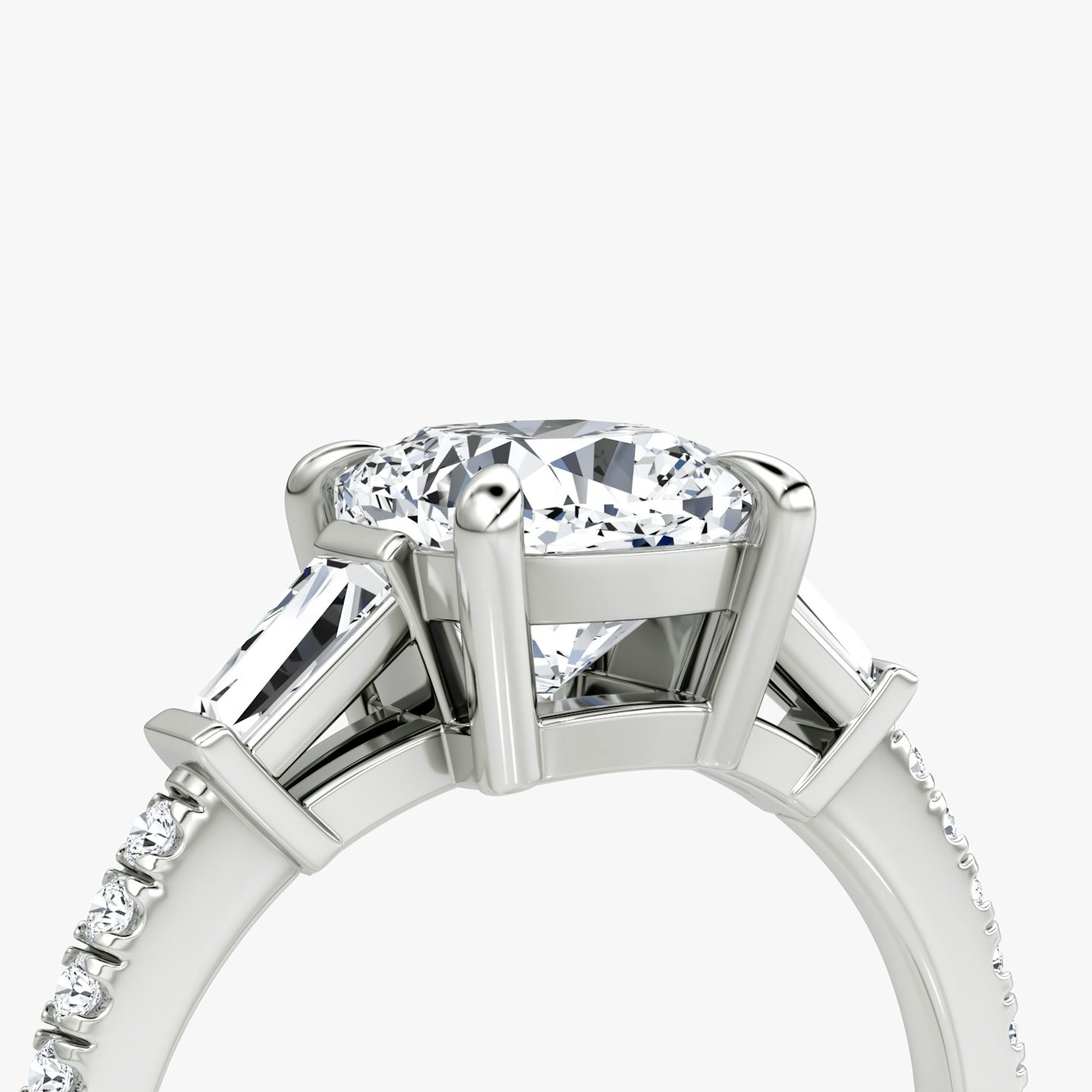 The Tapered Baguette Three Stone | Cushion | Platinum | bandAccent: Pavé | excludeFromFeed: null | diamondOrientation: vertical | caratWeight: other