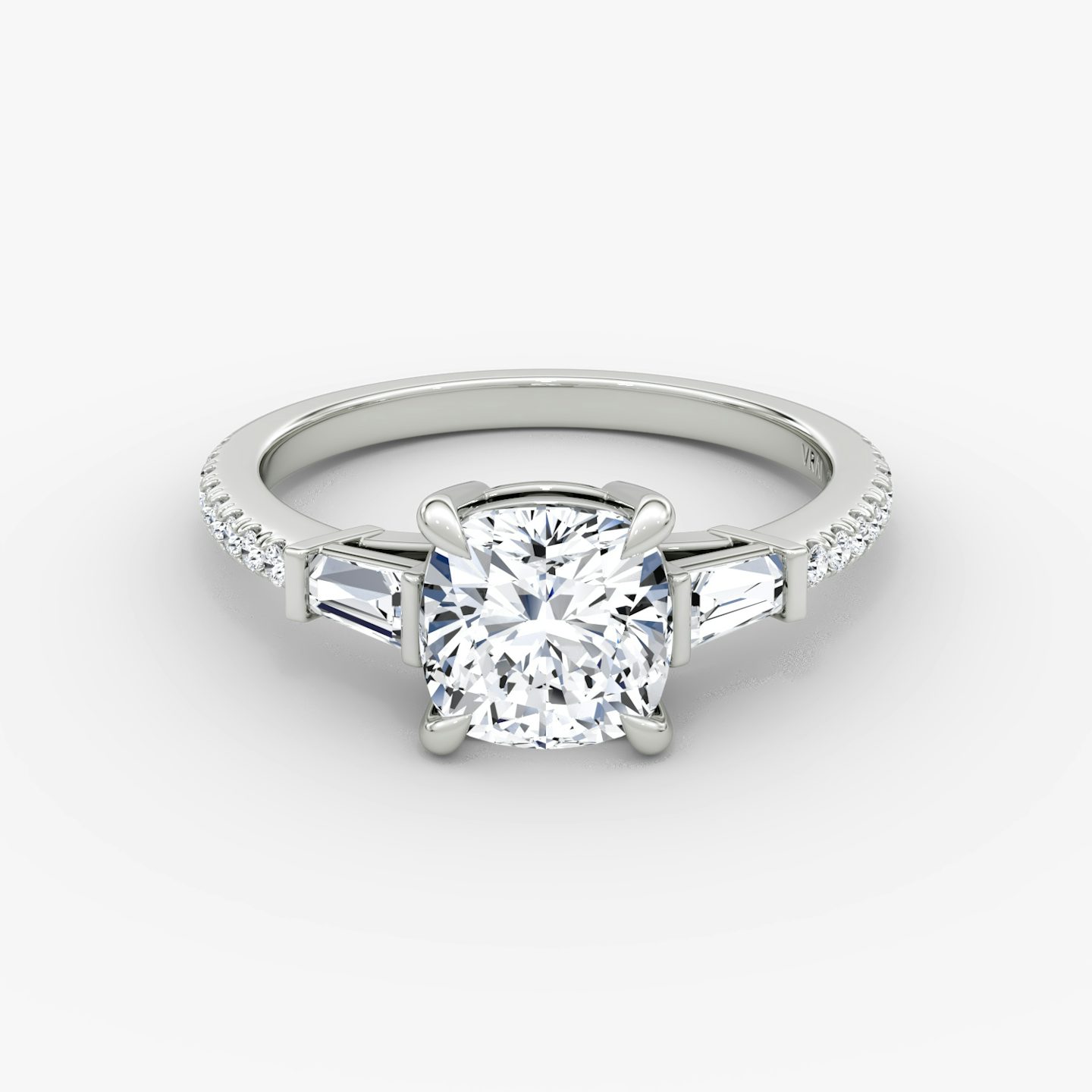 The Tapered Baguette Three Stone | Cushion | Platinum | bandAccent: Pavé | excludeFromFeed: null | diamondOrientation: vertical | caratWeight: other