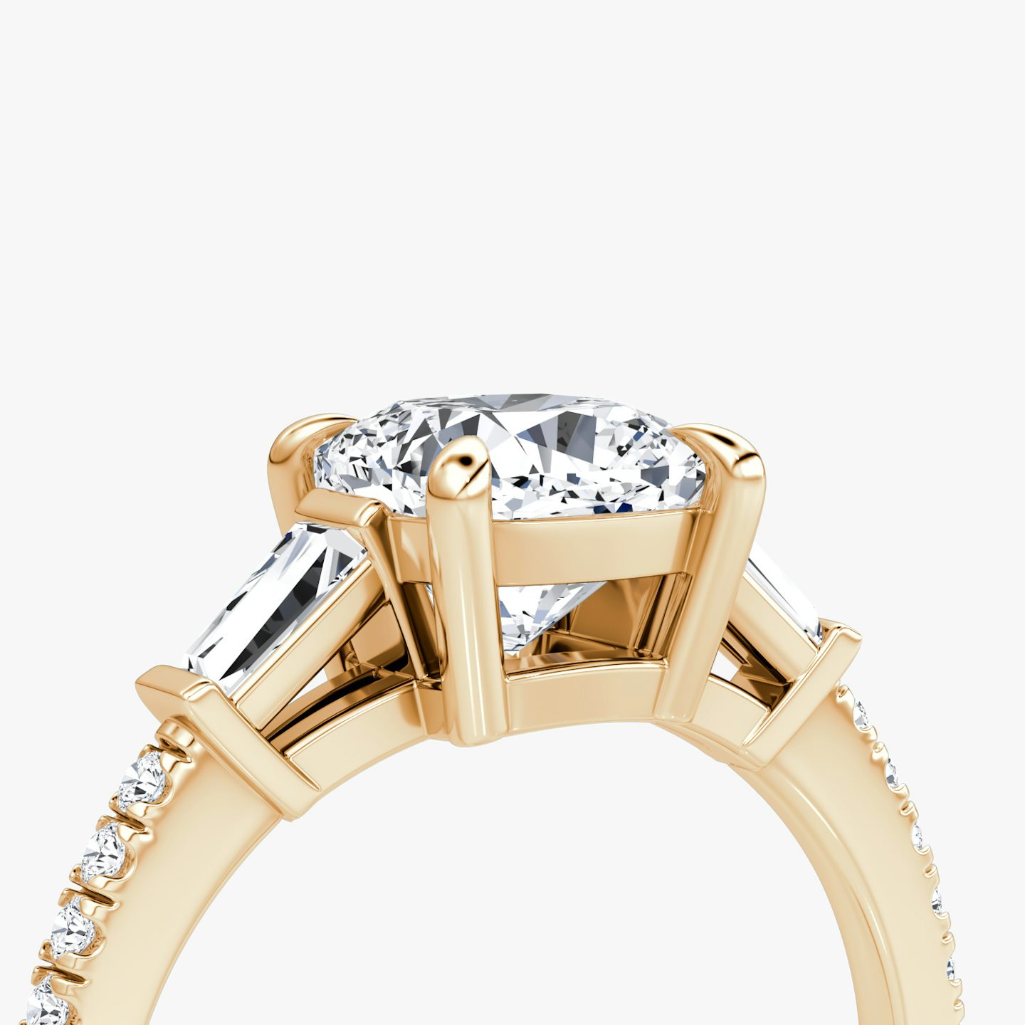 The Tapered Baguette Three Stone | Cushion | 14k | Rose Gold | bandAccent: Pavé | excludeFromFeed: null | diamondOrientation: vertical | caratWeight: other