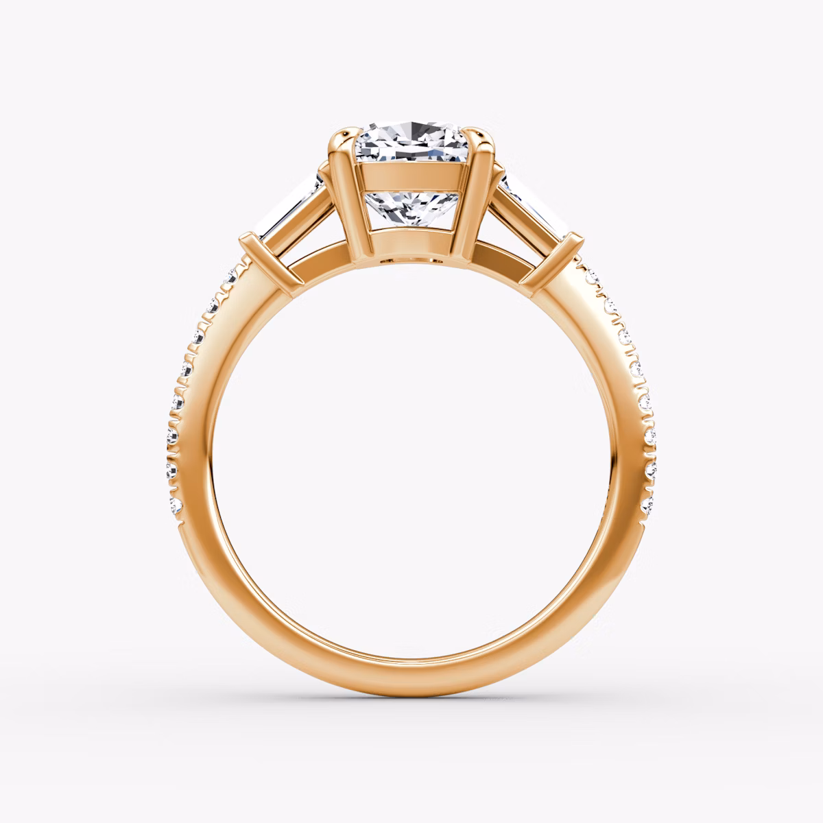 The Tapered Baguette Three Stone | Cushion | 14k | Rose Gold | bandAccent: Pavé | caratWeight: 1.0ct | excludeFromFeed: null | diamondOrientation: vertical