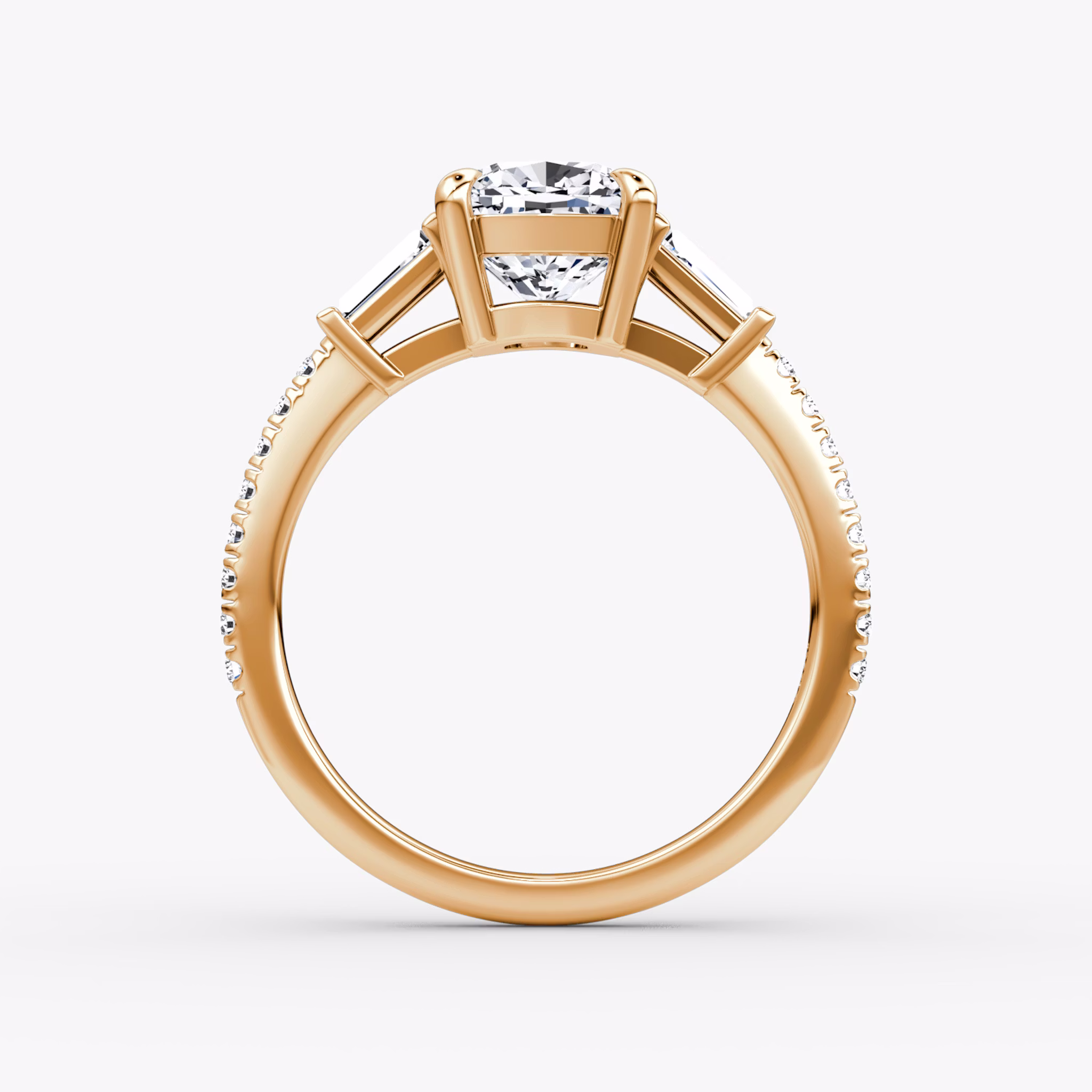 The Tapered Baguette Three Stone | Cushion | 14k | Rose Gold | bandAccent: Pavé | excludeFromFeed: null | diamondOrientation: vertical | caratWeight: other