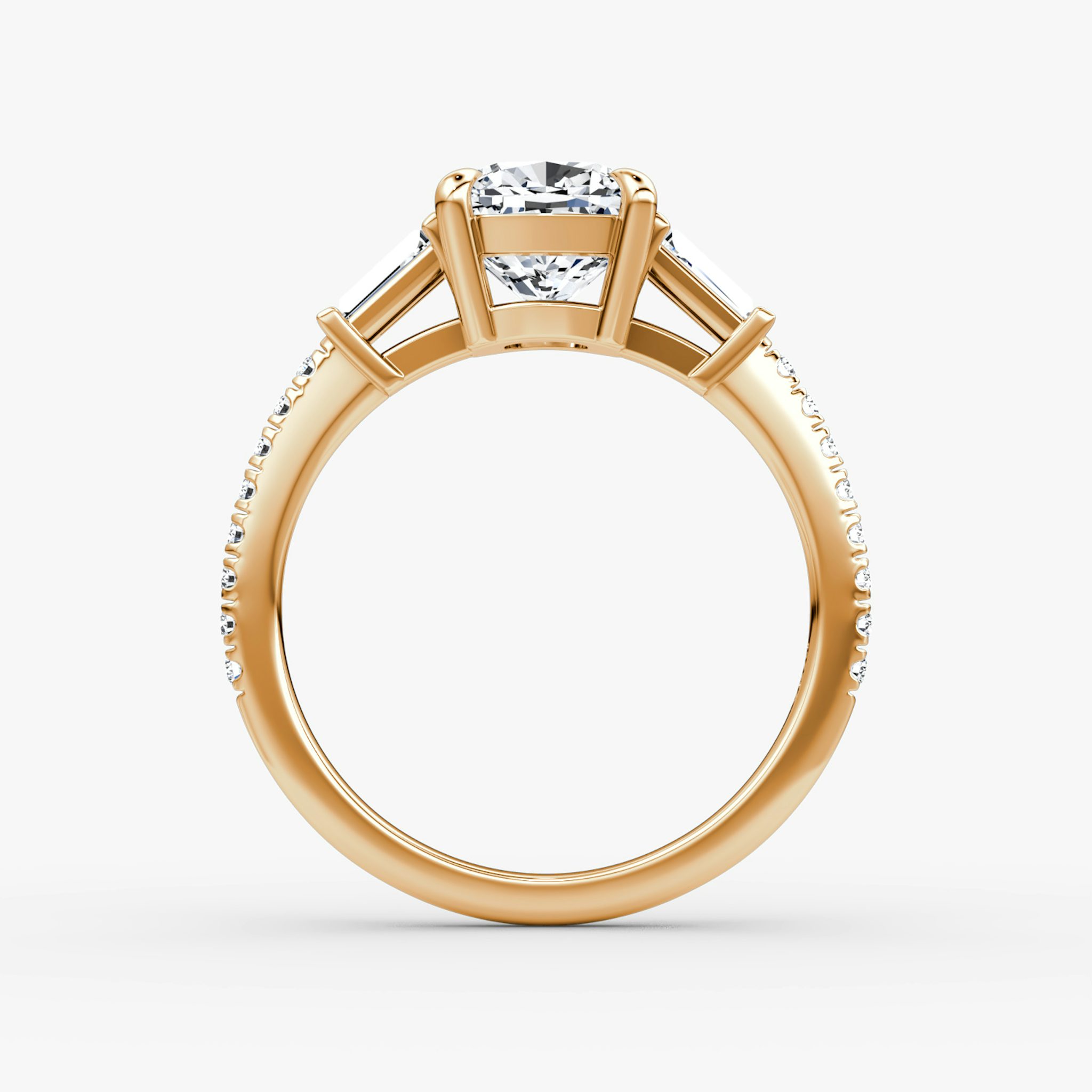 The Tapered Baguette Three Stone | Cushion | 14k | Rose Gold | bandAccent: Pavé | excludeFromFeed: null | diamondOrientation: vertical | caratWeight: other
