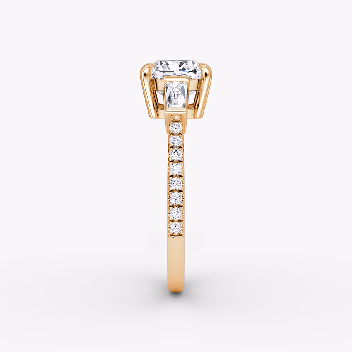 The Tapered Baguette Three Stone | Cushion | 14k | Rose Gold | bandAccent: Pavé | caratWeight: 1.0ct | excludeFromFeed: null | diamondOrientation: vertical