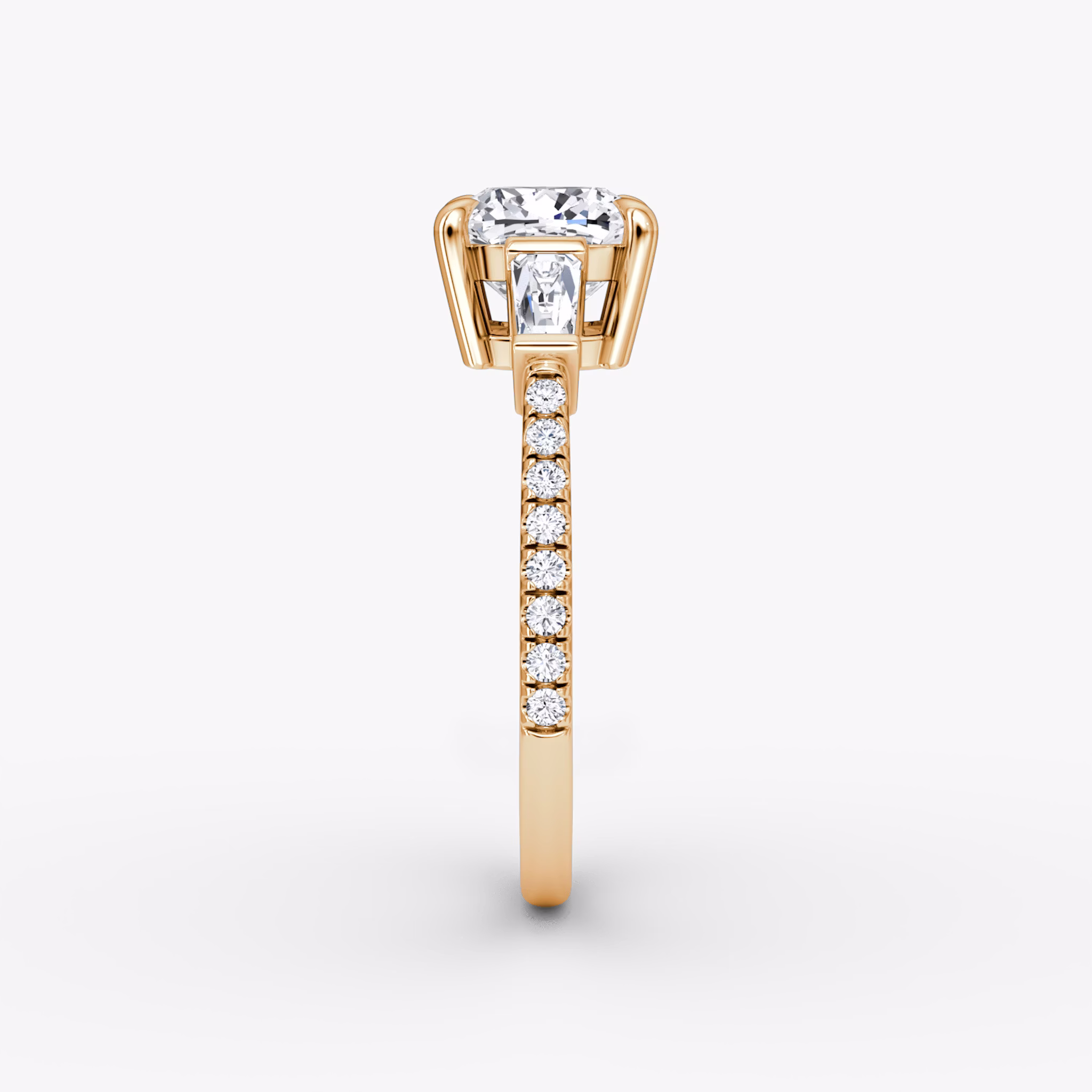 The Tapered Baguette Three Stone | Cushion | 14k | Rose Gold | bandAccent: Pavé | excludeFromFeed: null | diamondOrientation: vertical | caratWeight: other