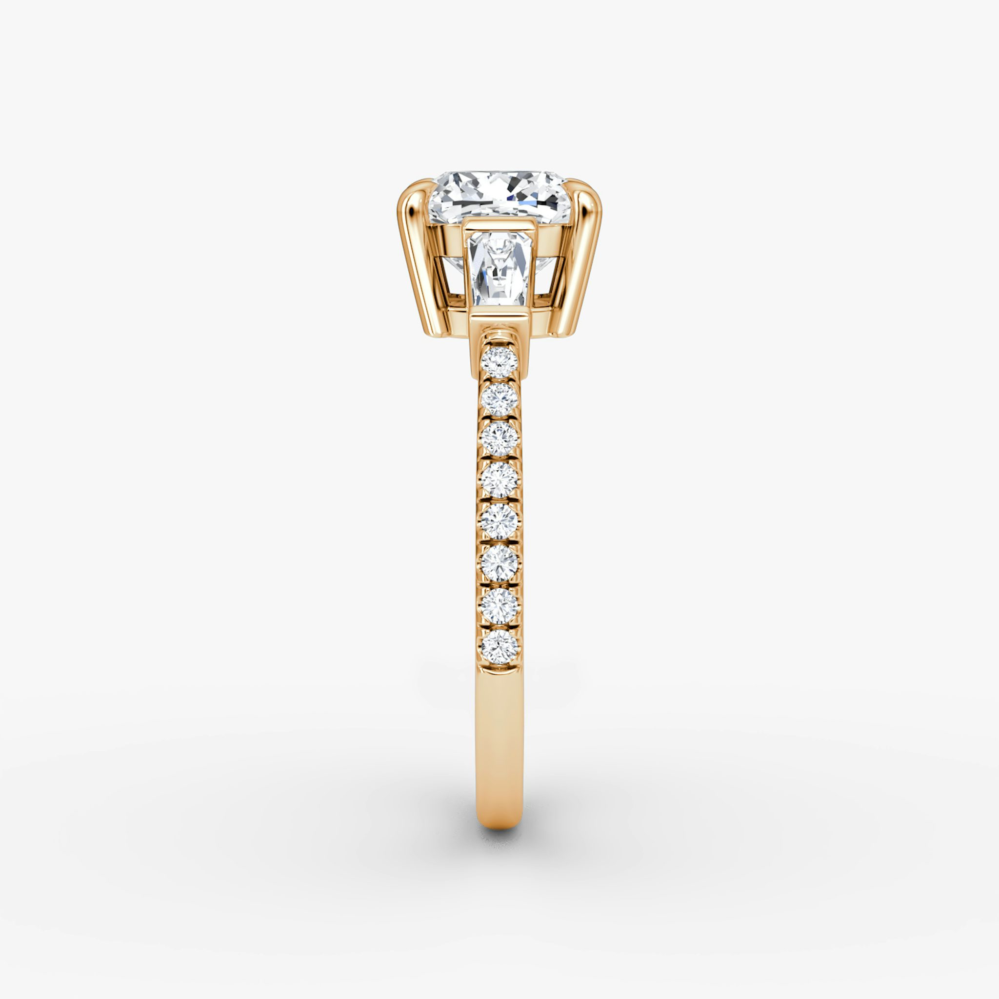The Tapered Baguette Three Stone | Cushion | 14k | Rose Gold | bandAccent: Pavé | excludeFromFeed: null | diamondOrientation: vertical | caratWeight: other
