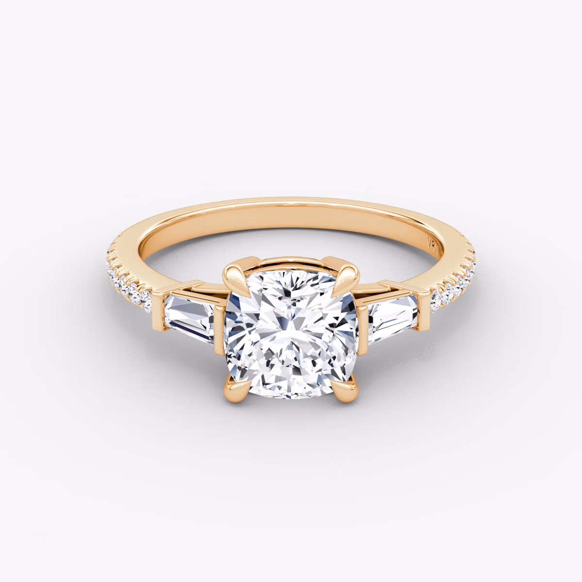 The Tapered Baguette Three Stone | Cushion | 14k | Rose Gold | bandAccent: Pavé | caratWeight: 1.0ct | excludeFromFeed: null | diamondOrientation: vertical
