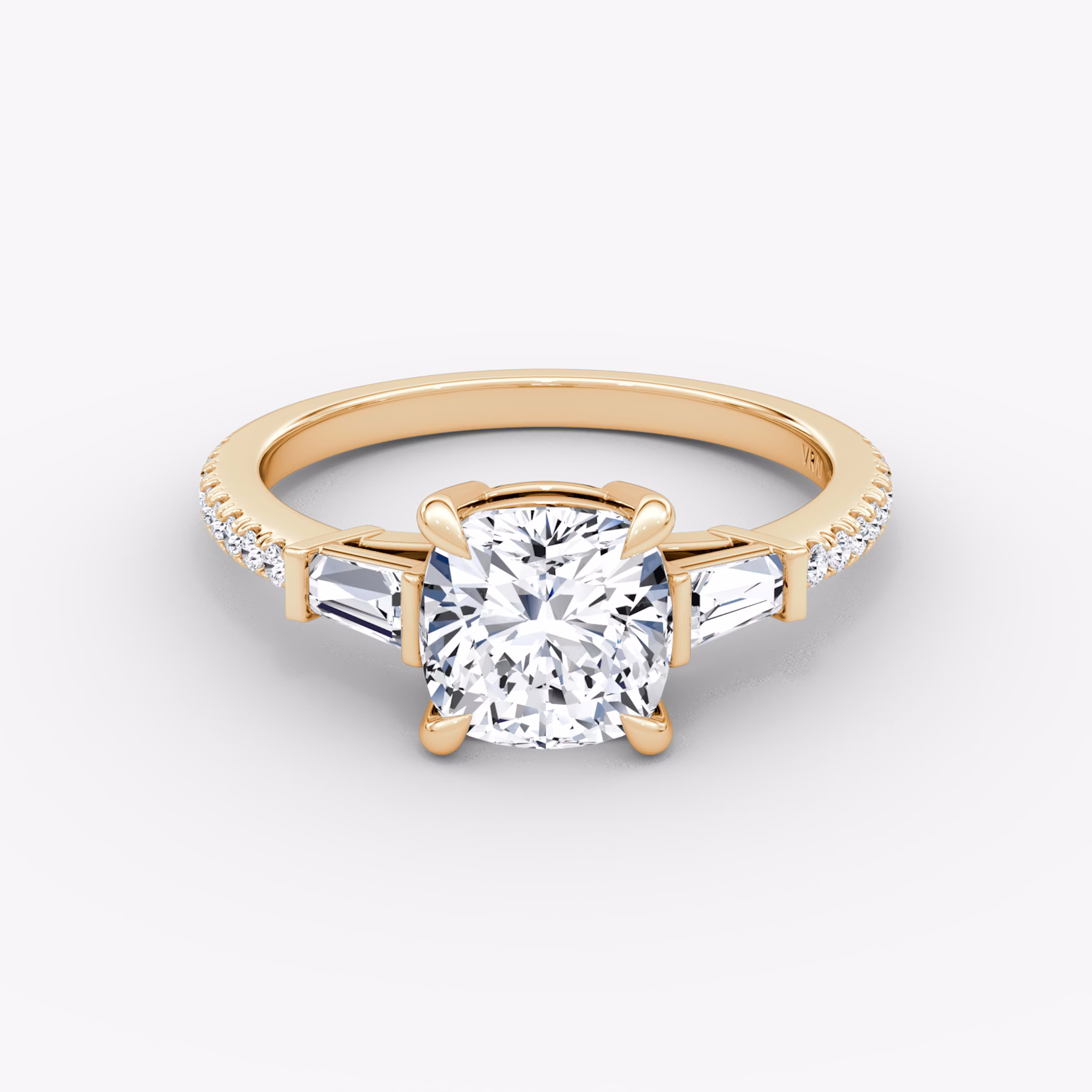 The Tapered Baguette Three Stone | Cushion | 14k | Rose Gold | bandAccent: Pavé | excludeFromFeed: null | diamondOrientation: vertical | caratWeight: other