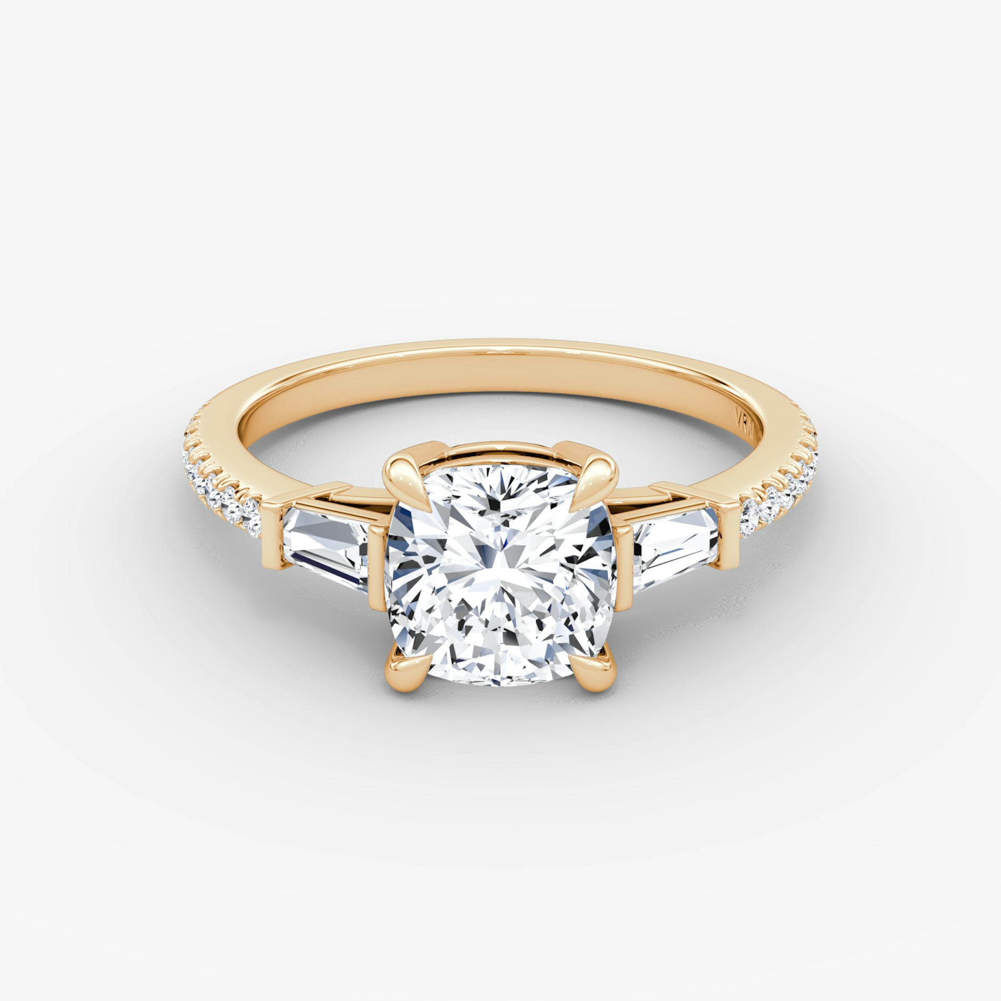The Tapered Baguette Three Stone | Cushion | 14k | Rose Gold | bandAccent: Pavé | excludeFromFeed: null | diamondOrientation: vertical | caratWeight: other