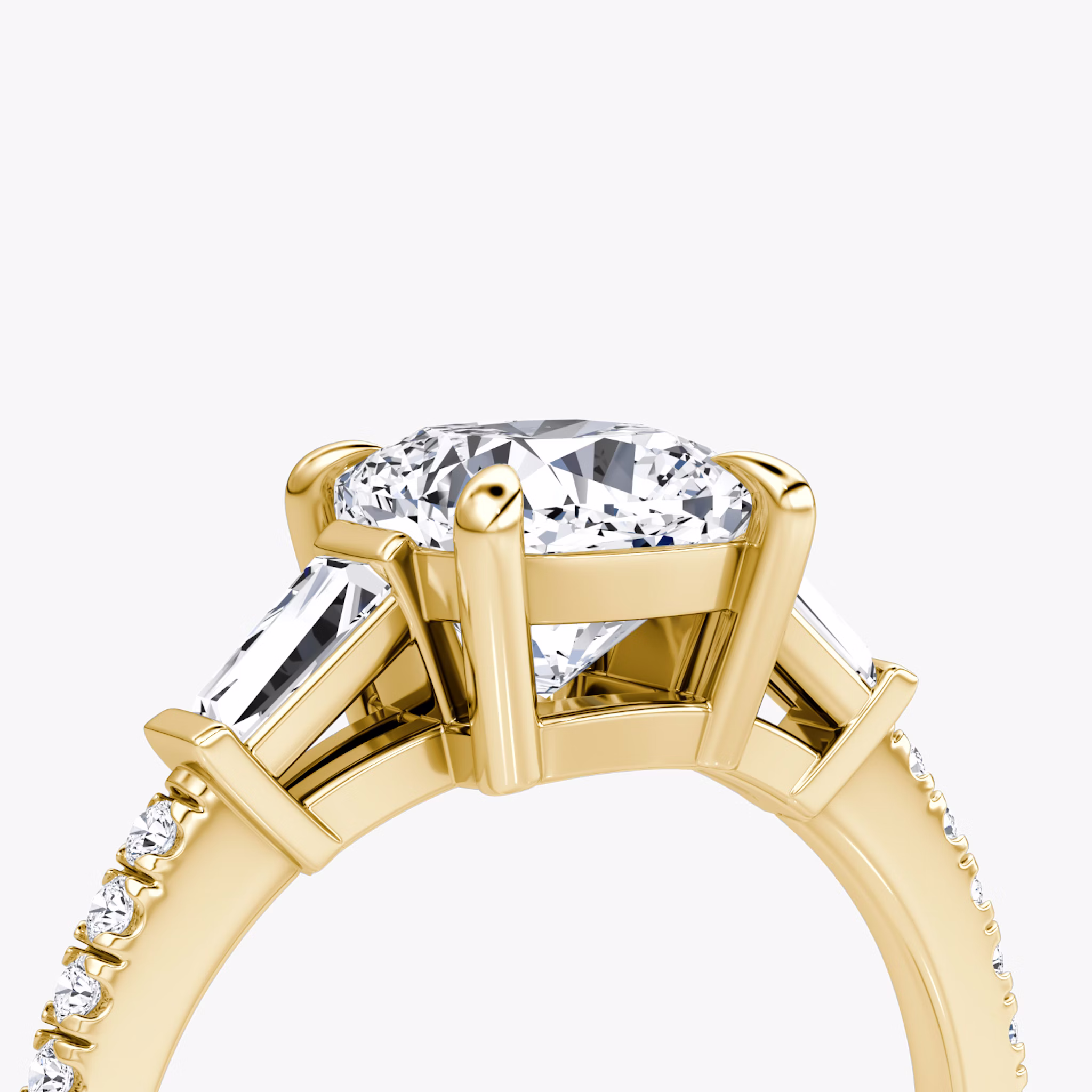 The Tapered Baguette Three Stone | Cushion | 18k | Yellow Gold | bandAccent: Pavé | excludeFromFeed: null | diamondOrientation: vertical | caratWeight: other