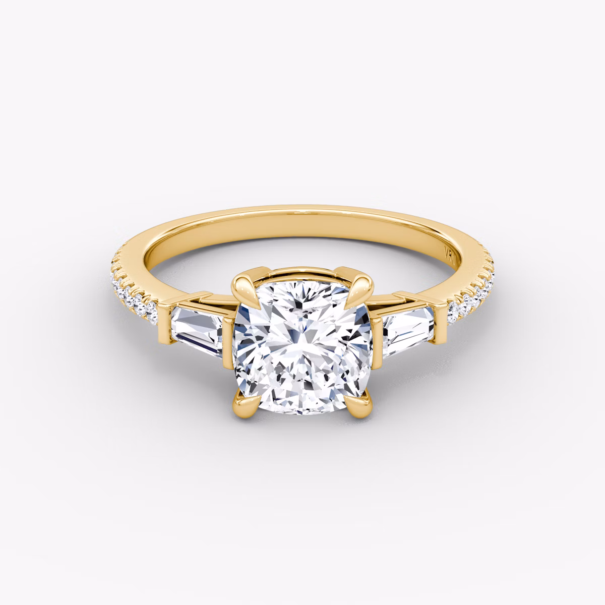The Tapered Baguette Three Stone | Cushion | 18k | Yellow Gold | bandAccent: Pavé | caratWeight: 1.0ct | excludeFromFeed: null | diamondOrientation: vertical