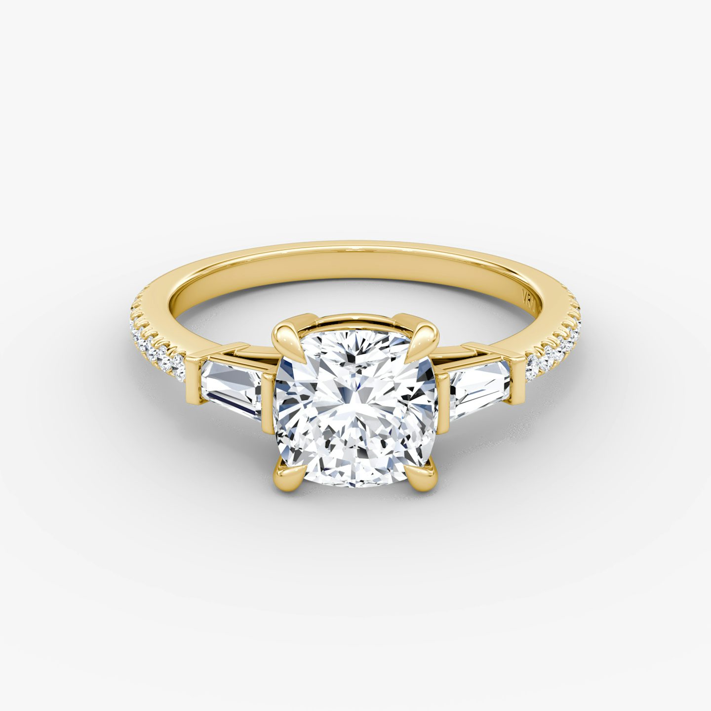 The Tapered Baguette Three Stone | Cushion | 18k | Yellow Gold | bandAccent: Pavé | excludeFromFeed: null | diamondOrientation: vertical | caratWeight: other
