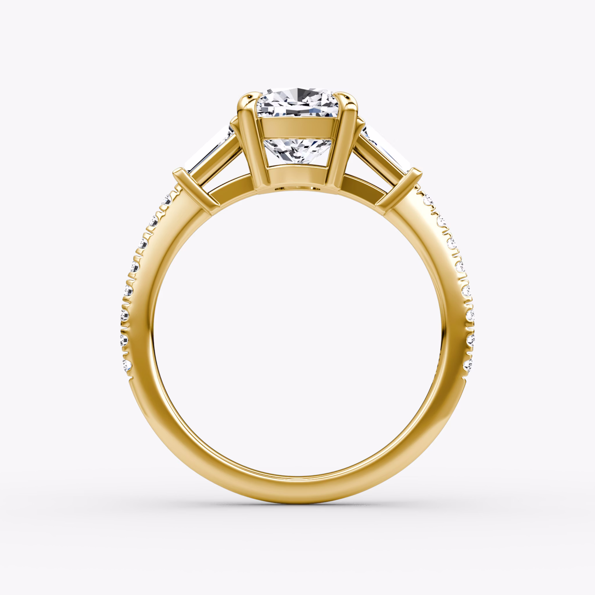 The Tapered Baguette Three Stone | Cushion | 18k | Yellow Gold | bandAccent: Pavé | excludeFromFeed: null | diamondOrientation: vertical | caratWeight: other