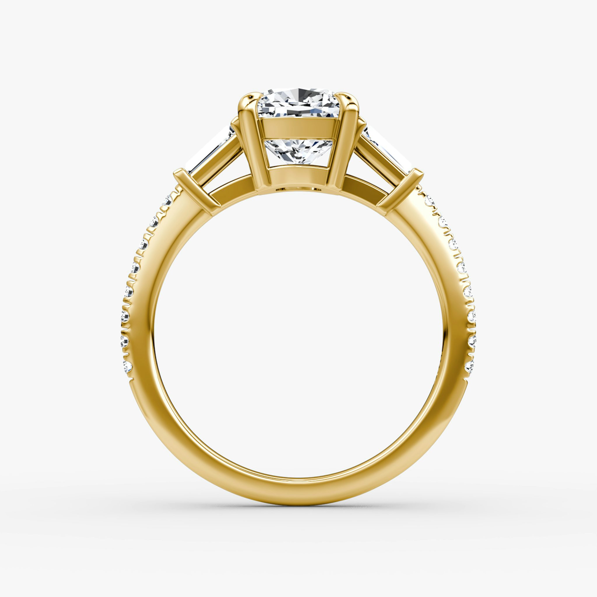 The Tapered Baguette Three Stone | Cushion | 18k | Yellow Gold | bandAccent: Pavé | excludeFromFeed: null | diamondOrientation: vertical | caratWeight: other