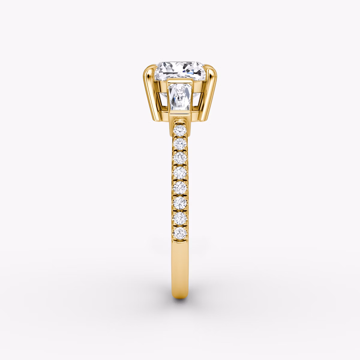 The Tapered Baguette Three Stone | Cushion | 18k | Yellow Gold | bandAccent: Pavé | caratWeight: 1.0ct | excludeFromFeed: null | diamondOrientation: vertical