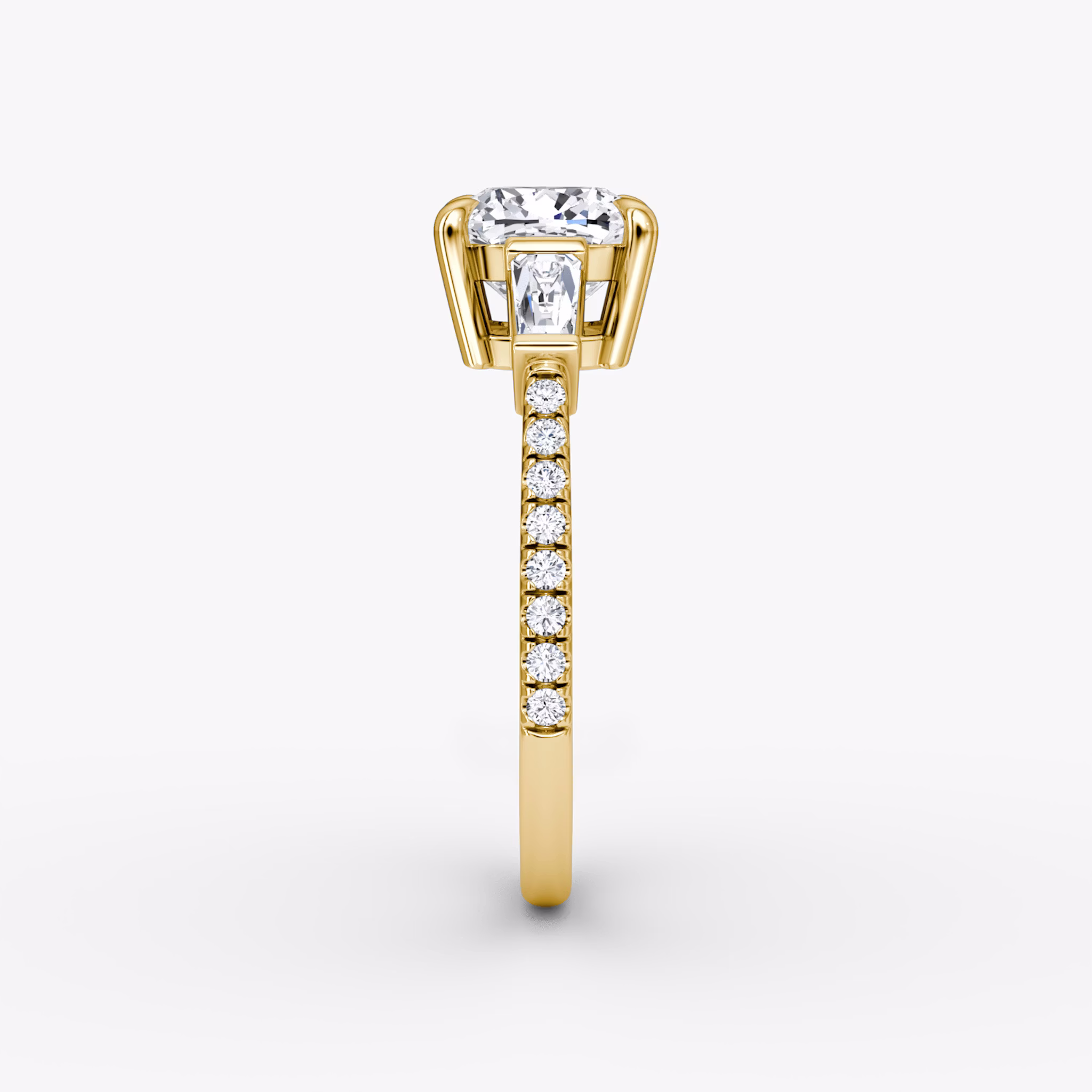 The Tapered Baguette Three Stone | Cushion | 18k | Yellow Gold | bandAccent: Pavé | excludeFromFeed: null | diamondOrientation: vertical | caratWeight: other