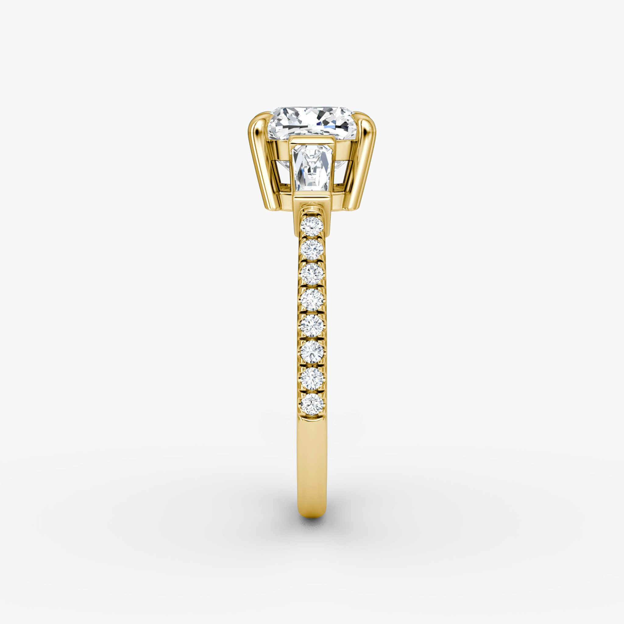 The Tapered Baguette Three Stone | Cushion | 18k | Yellow Gold | bandAccent: Pavé | excludeFromFeed: null | diamondOrientation: vertical | caratWeight: other