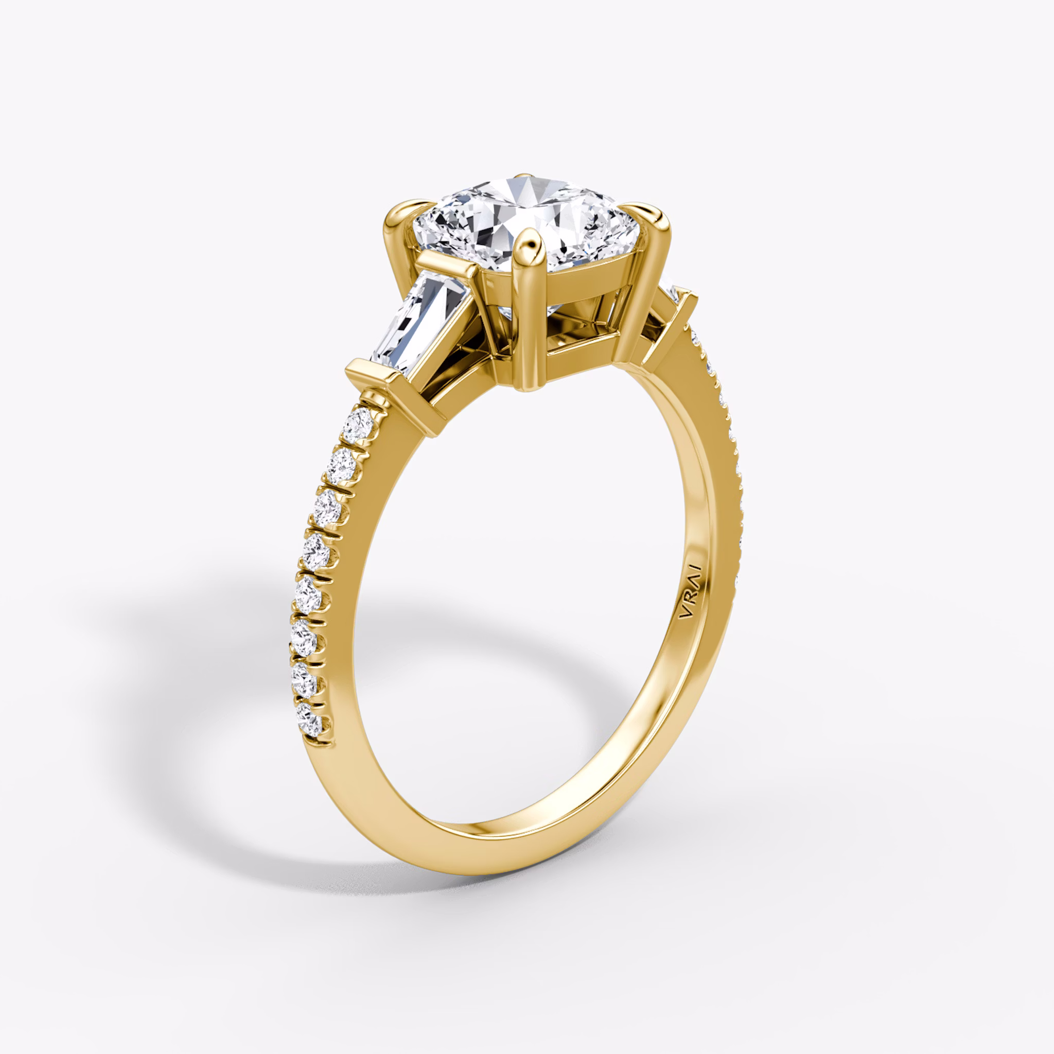 The Tapered Baguette Three Stone | Cushion | 18k | Yellow Gold | bandAccent: Pavé | excludeFromFeed: null | diamondOrientation: vertical | caratWeight: other