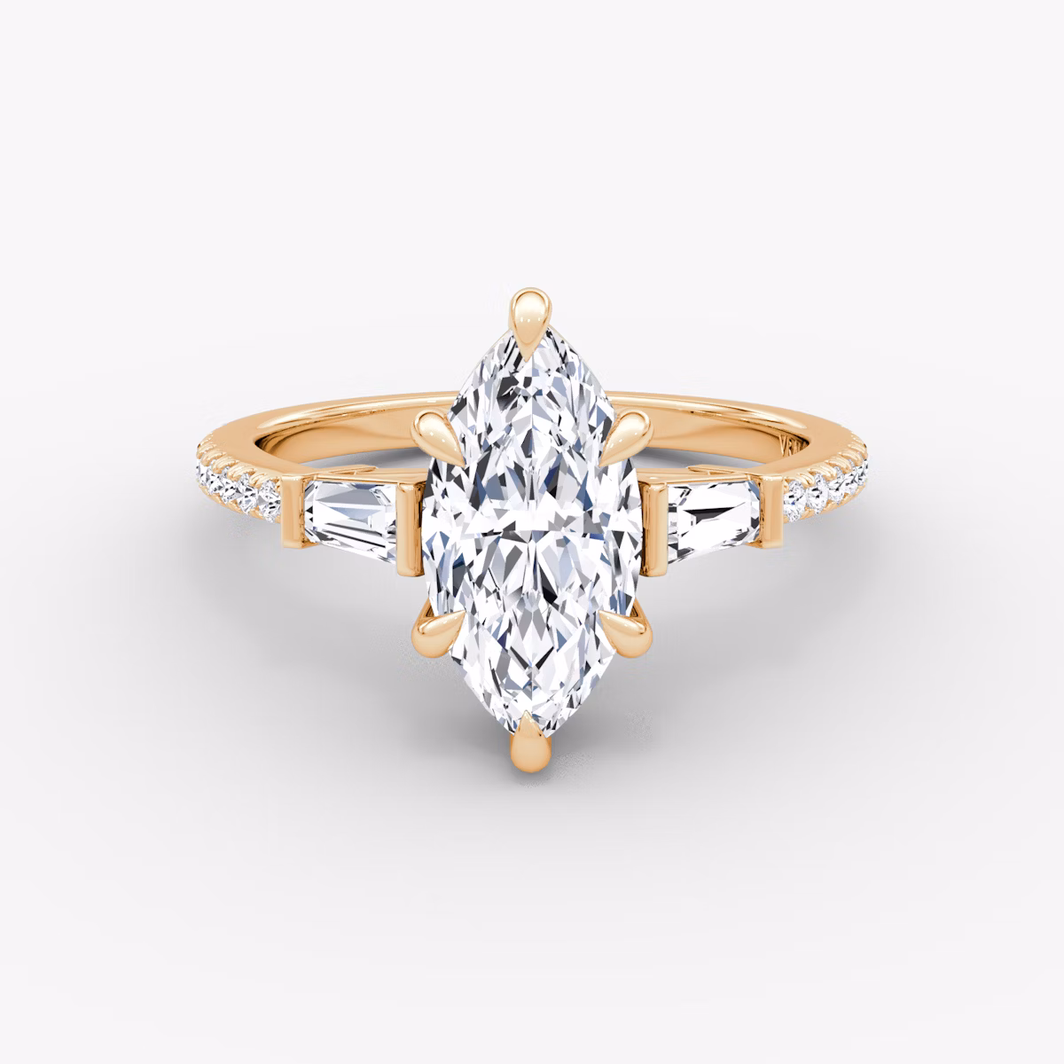 The Tapered Baguette Three Stone | Marquise | 14k | Rose Gold | bandAccent: Pavé | caratWeight: 1.0ct | excludeFromFeed: null | diamondOrientation: vertical