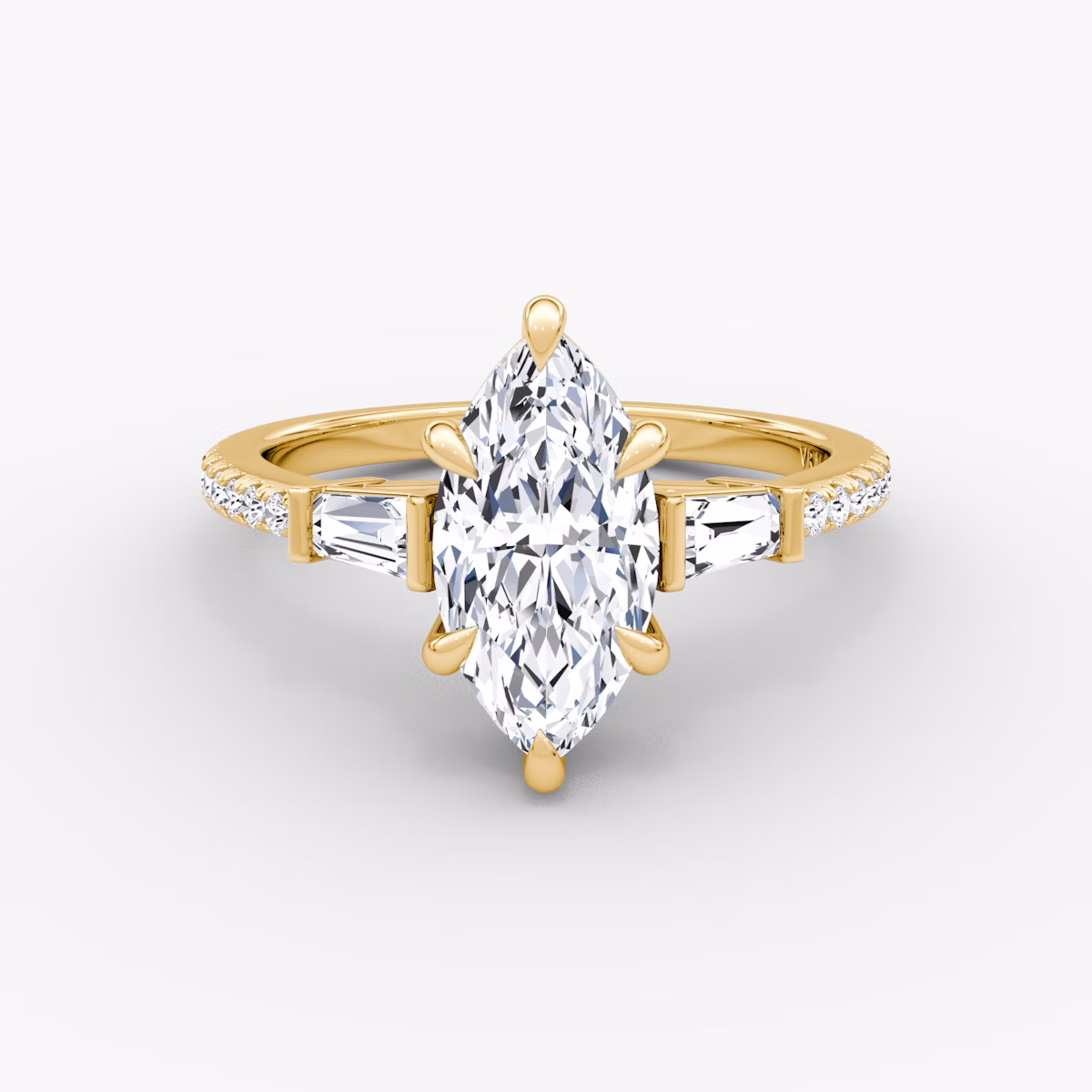 The Tapered Baguette Three Stone | Marquise | 18k | Yellow Gold | bandAccent: Pavé | caratWeight: 1.0ct | excludeFromFeed: null | diamondOrientation: vertical