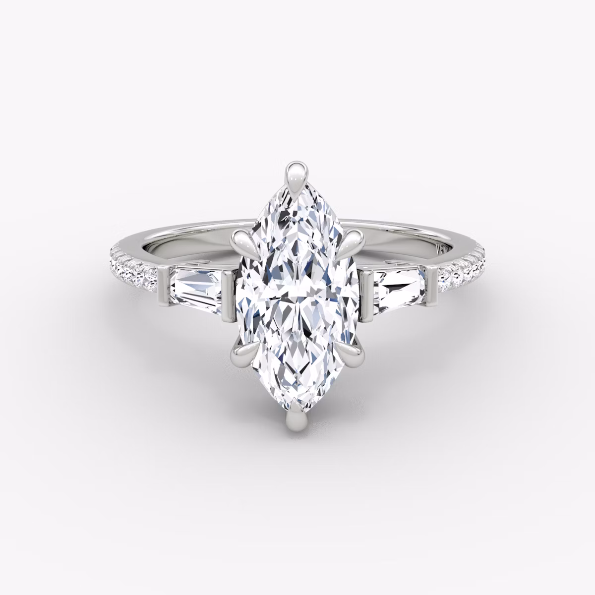 The Tapered Baguette Three Stone | Marquise | Platinum | bandAccent: Pavé | caratWeight: 1.0ct | excludeFromFeed: null | diamondOrientation: vertical