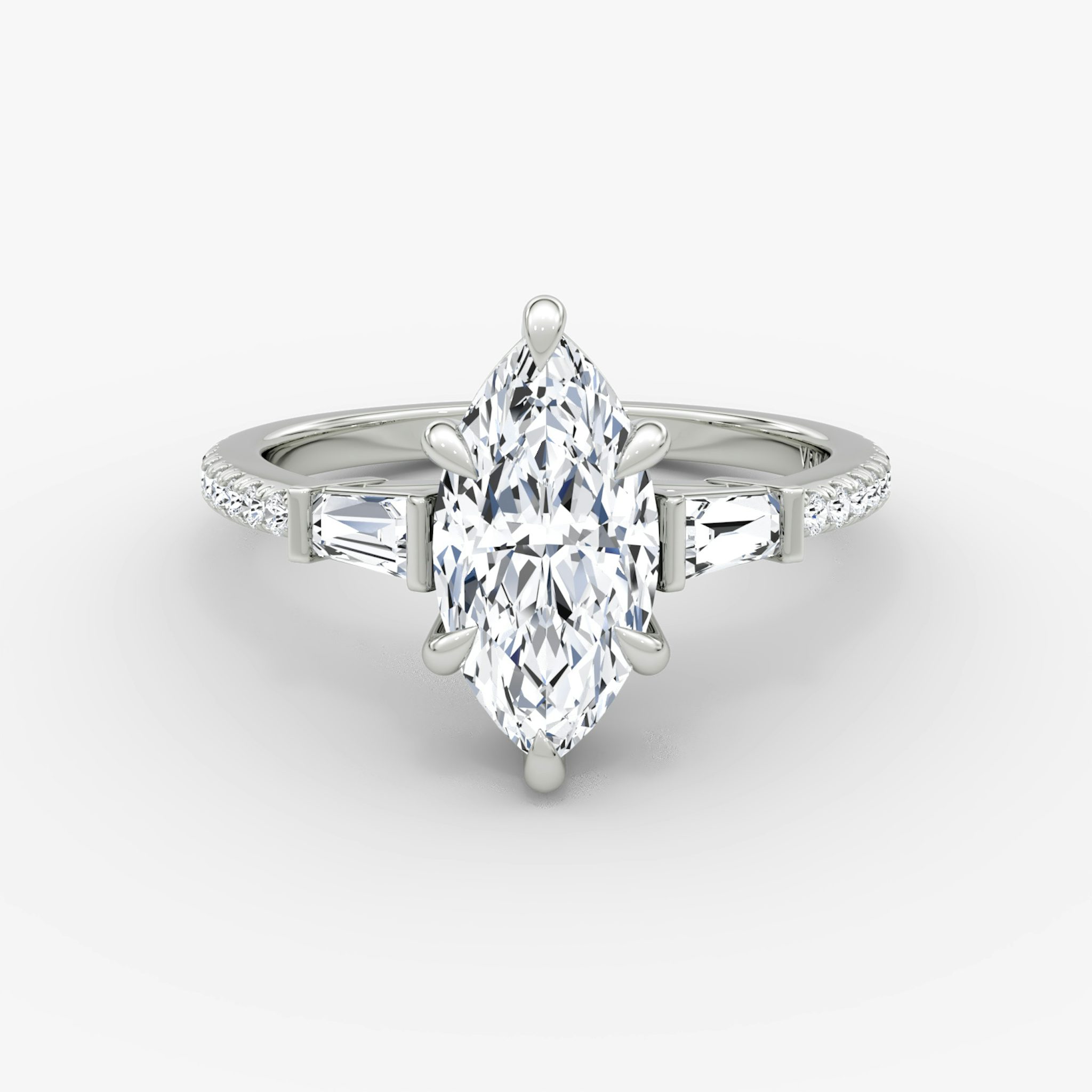 The Tapered Baguette Three Stone | Marquise | Platinum | bandAccent: Pavé | excludeFromFeed: null | diamondOrientation: vertical | caratWeight: other