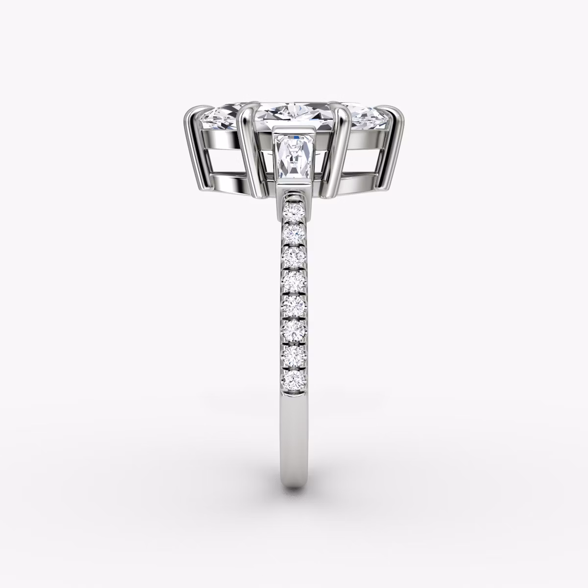 The Tapered Baguette Three Stone | Marquise | Platinum | bandAccent: Pavé | caratWeight: 1.0ct | excludeFromFeed: null | diamondOrientation: vertical