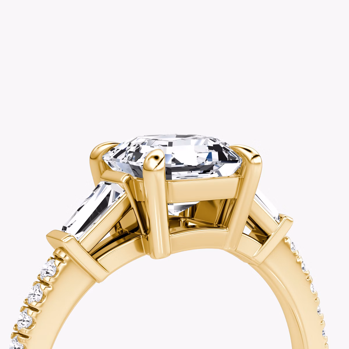 The Tapered Baguette Three Stone | Asscher | 18k | Yellow Gold | bandAccent: Pavé | caratWeight: 1.0ct | excludeFromFeed: null | diamondOrientation: vertical