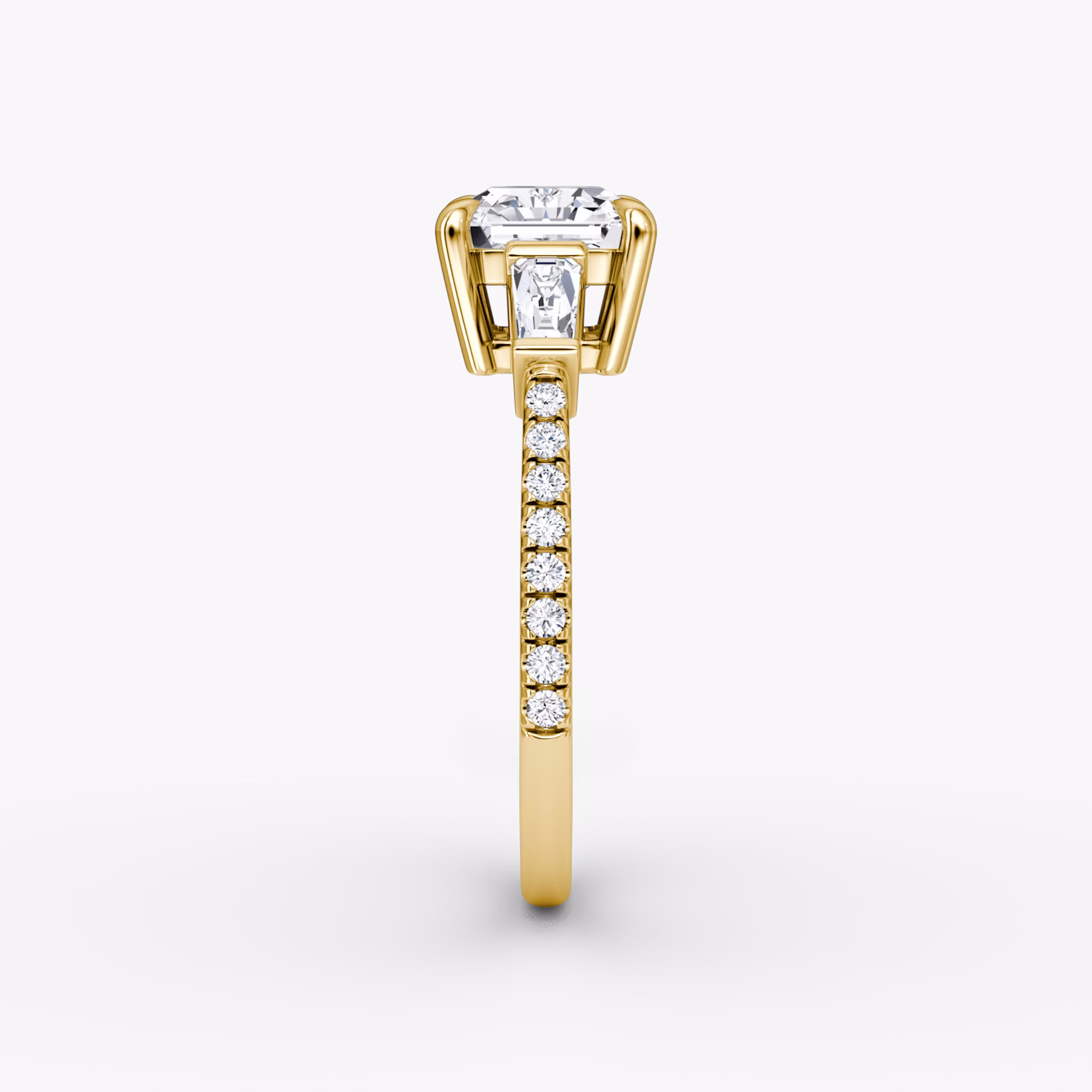 The Tapered Baguette Three Stone | Asscher | 18k | Yellow Gold | bandAccent: Pavé | excludeFromFeed: null | diamondOrientation: vertical | caratWeight: other
