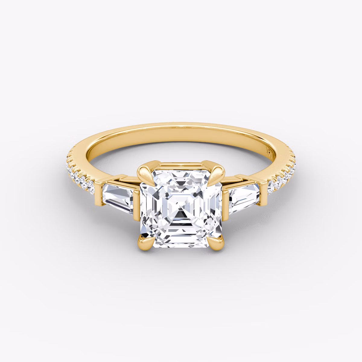 The Tapered Baguette Three Stone | Asscher | 18k | Yellow Gold | bandAccent: Pavé | caratWeight: 1.0ct | excludeFromFeed: null | diamondOrientation: vertical