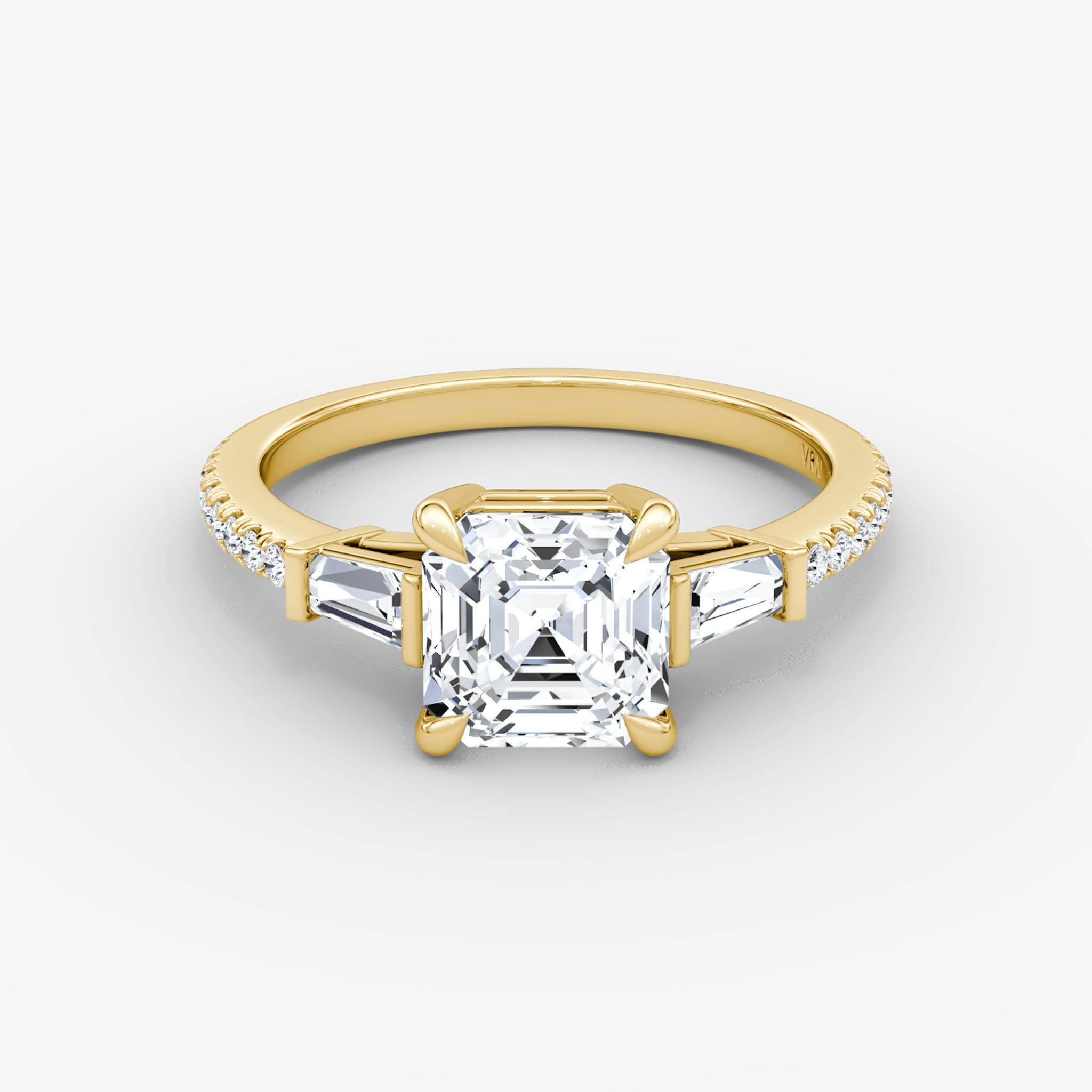 The Tapered Baguette Three Stone | Asscher | 18k | Yellow Gold | bandAccent: Pavé | excludeFromFeed: null | diamondOrientation: vertical | caratWeight: other