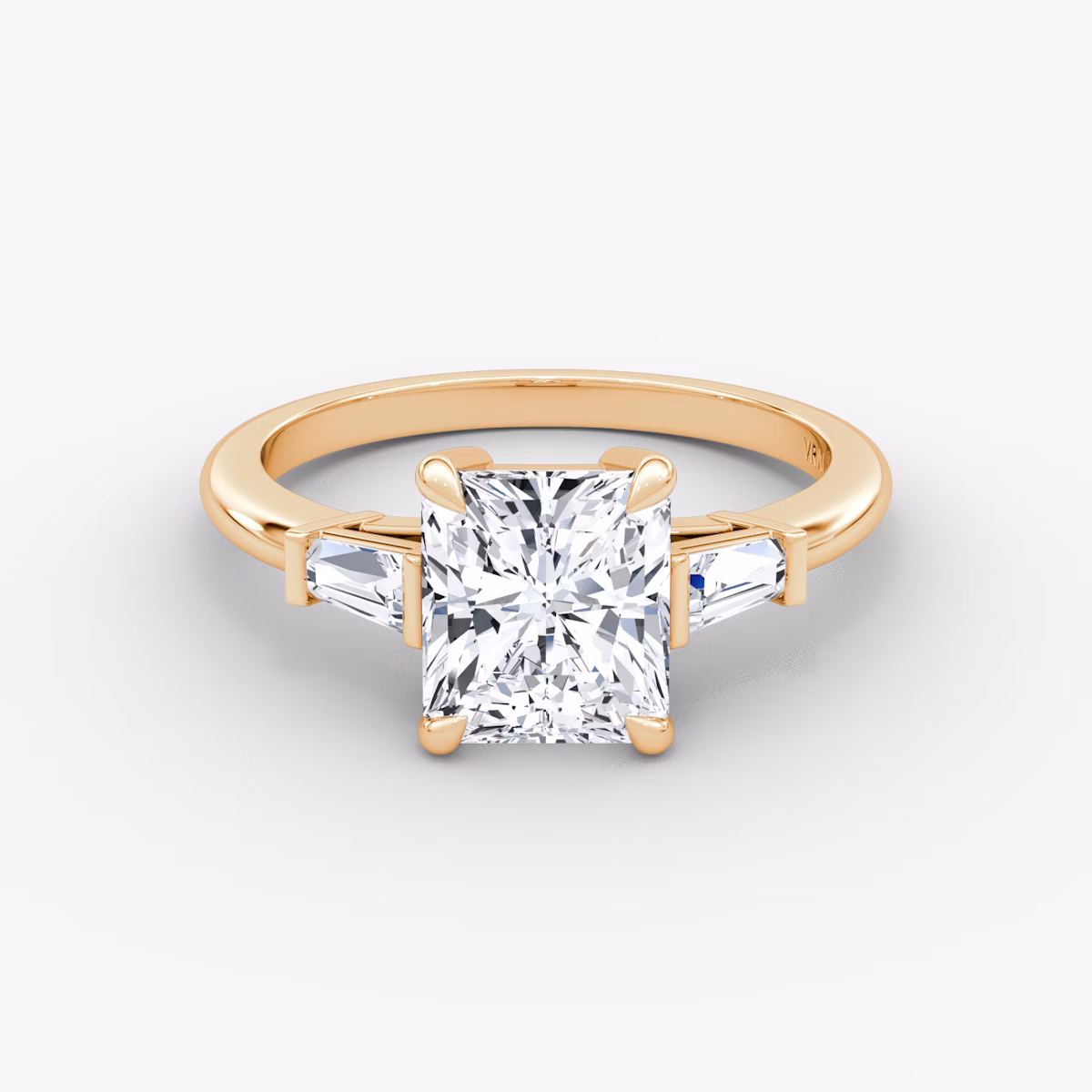 The Tapered Baguette Three Stone | Radiant | 14k | Rose Gold | bandAccent: Plain | caratWeight: 1.0ct | excludeFromFeed: null | diamondOrientation: vertical
