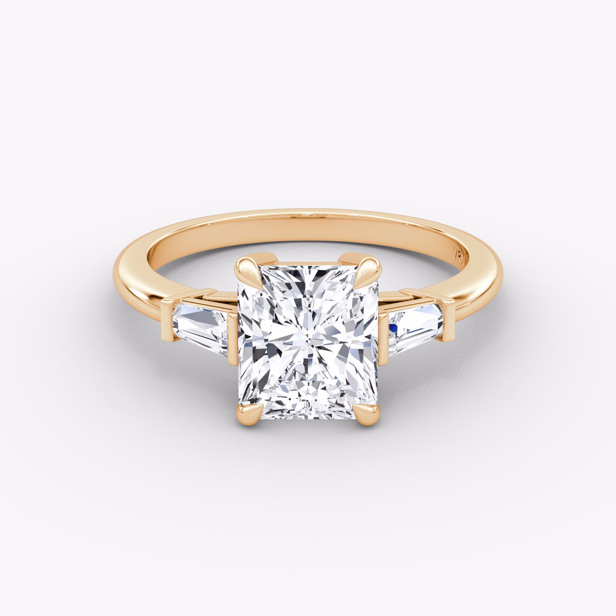 The Tapered Baguette Three Stone | Radiant | 14k | Rose Gold | bandAccent: Plain | excludeFromFeed: null | diamondOrientation: vertical | caratWeight: other