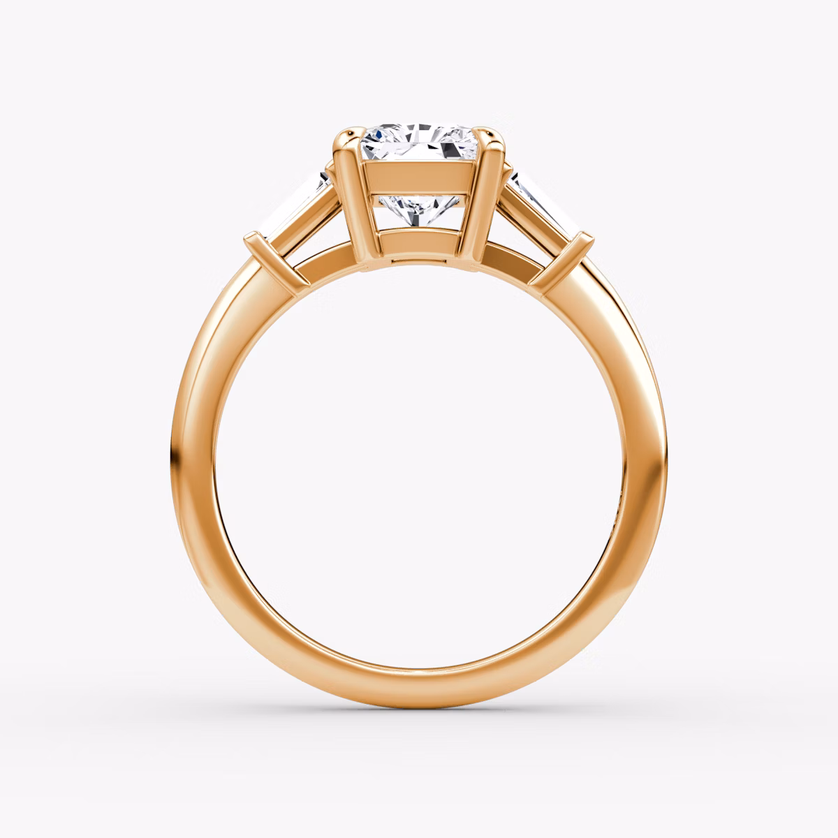 The Tapered Baguette Three Stone | Radiant | 14k | Rose Gold | bandAccent: Plain | caratWeight: 1.0ct | excludeFromFeed: null | diamondOrientation: vertical