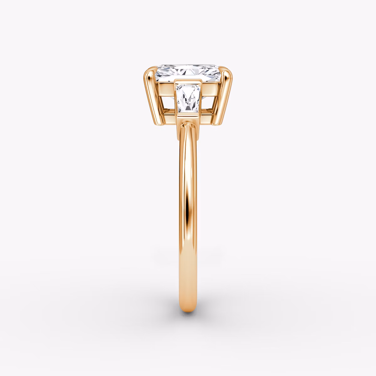 The Tapered Baguette Three Stone | Radiant | 14k | Rose Gold | bandAccent: Plain | caratWeight: 1.0ct | excludeFromFeed: null | diamondOrientation: vertical