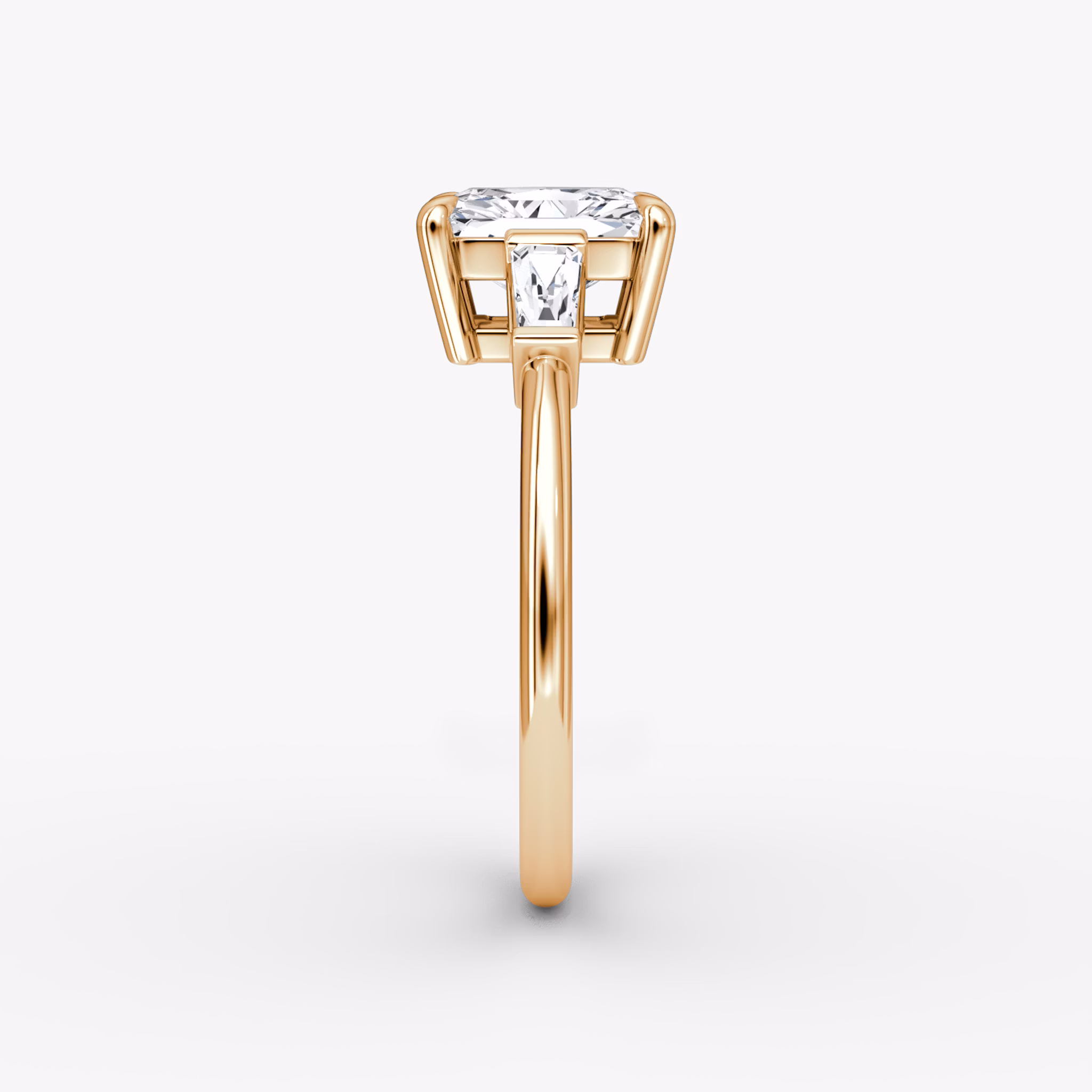 The Tapered Baguette Three Stone | Radiant | 14k | Rose Gold | bandAccent: Plain | excludeFromFeed: null | diamondOrientation: vertical | caratWeight: other