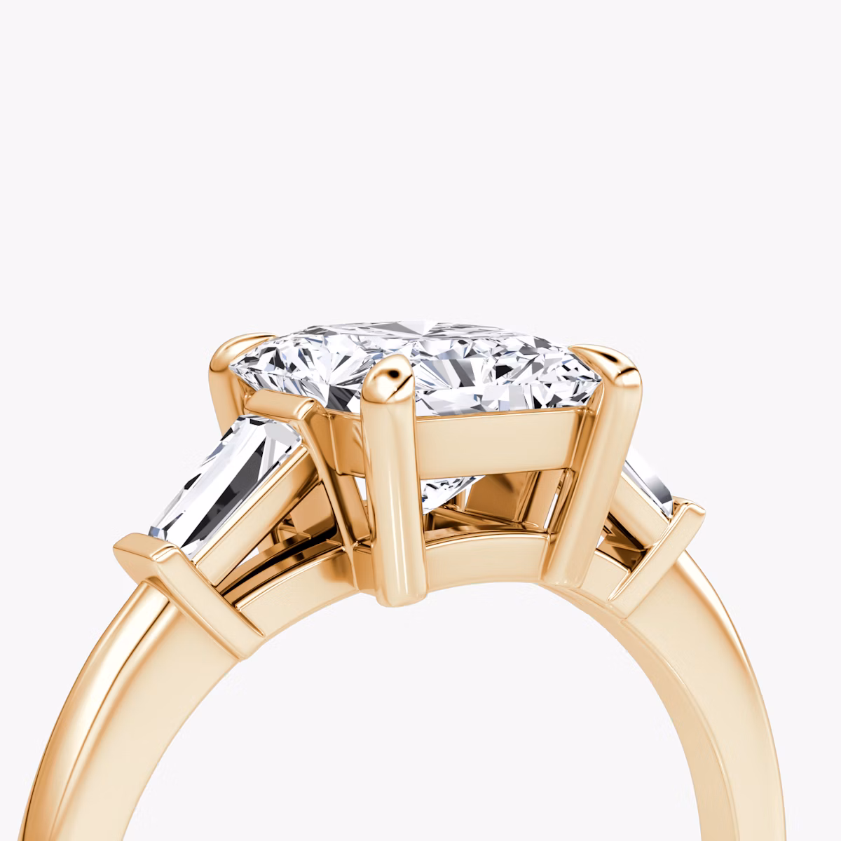 The Tapered Baguette Three Stone | Radiant | 14k | Rose Gold | bandAccent: Plain | caratWeight: 1.0ct | excludeFromFeed: null | diamondOrientation: vertical