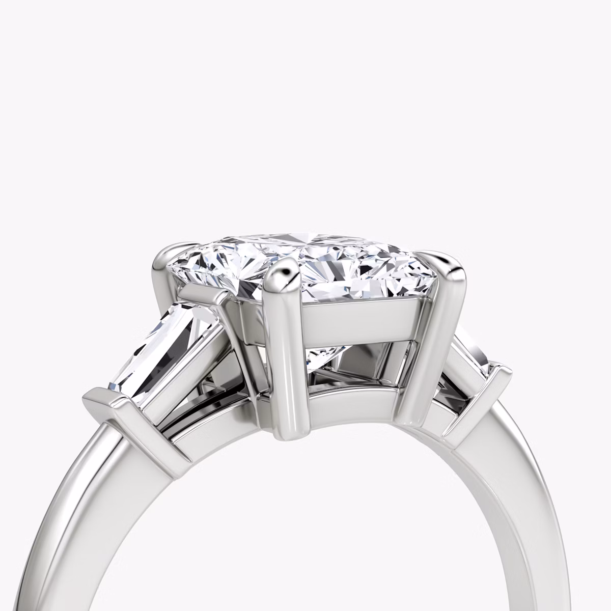 The Tapered Baguette Three Stone | Radiant | 18k | White Gold | bandAccent: Plain | caratWeight: 1.0ct | excludeFromFeed: null | diamondOrientation: vertical
