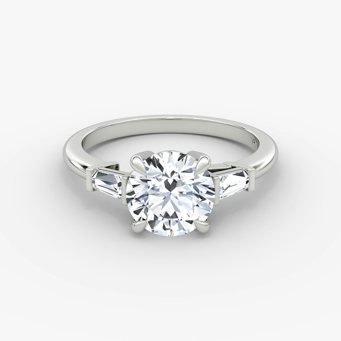 The Tapered Baguette Three Stone | Round Brilliant | Platinum | bandAccent: Plain | caratWeight: 1.5ct | excludeFromFeed: null | diamondOrientation: vertical
