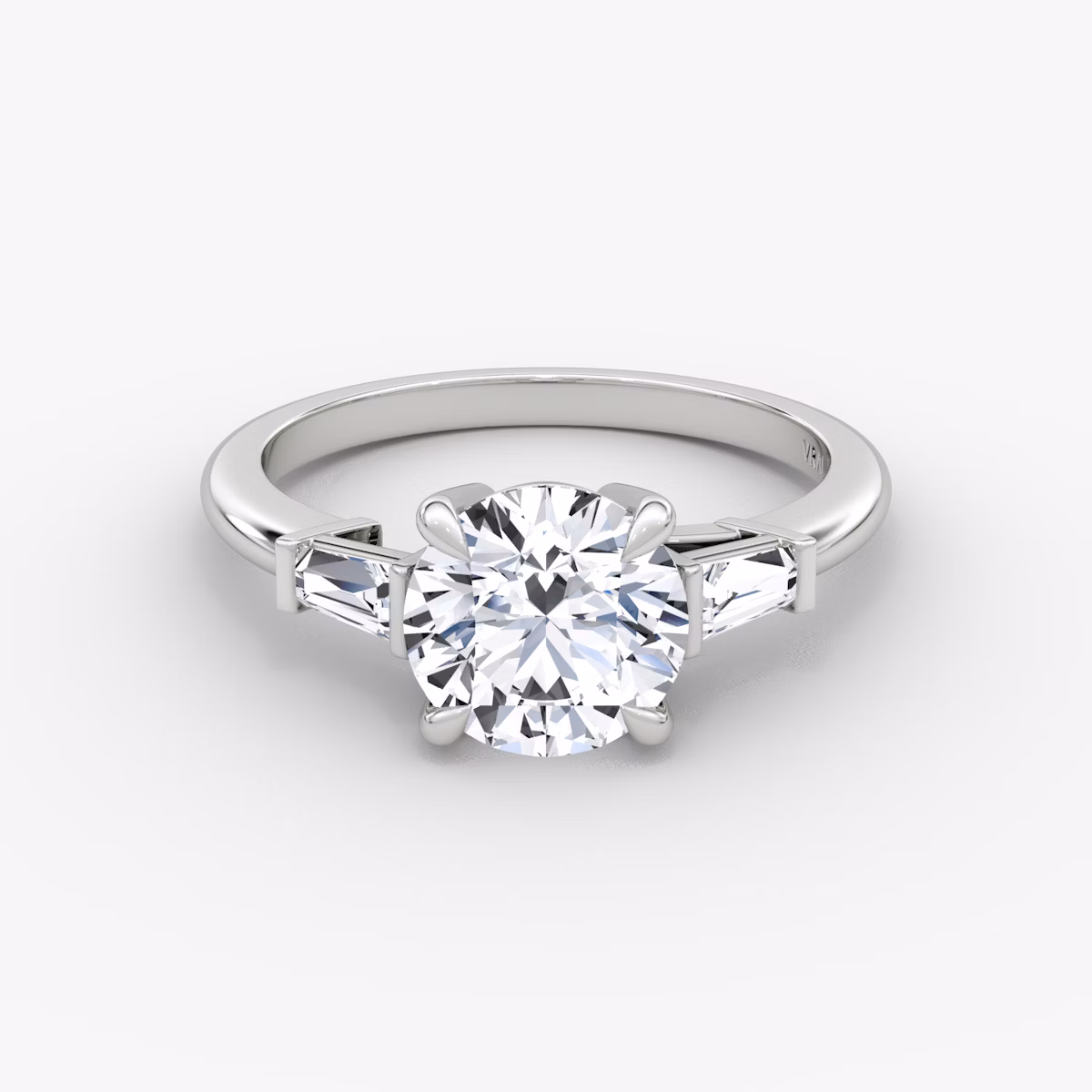 The Tapered Baguette Three Stone | Round Brilliant | Platinum | bandAccent: Plain | caratWeight: other | excludeFromFeed: null | diamondOrientation: vertical