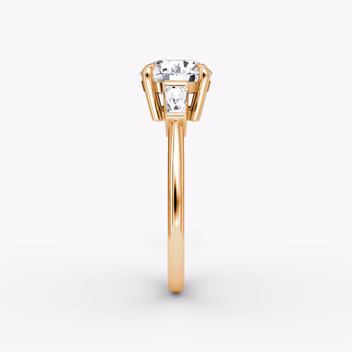 The Tapered Baguette Three Stone | Round Brilliant | 14k | Rose Gold | bandAccent: Plain | caratWeight: other | excludeFromFeed: null | diamondOrientation: vertical