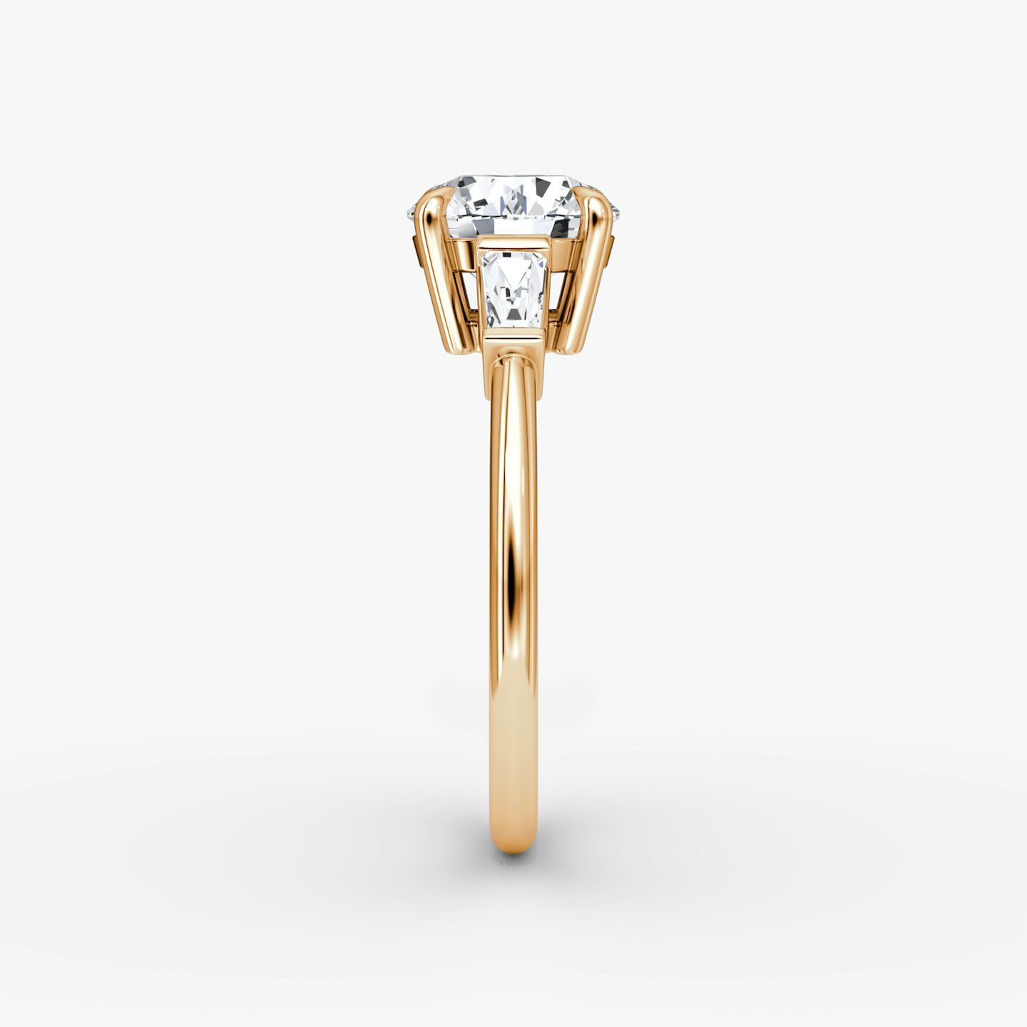 The Tapered Baguette Three Stone | Round Brilliant | 14k | Rose Gold | bandAccent: Plain | caratWeight: other | excludeFromFeed: null | diamondOrientation: vertical