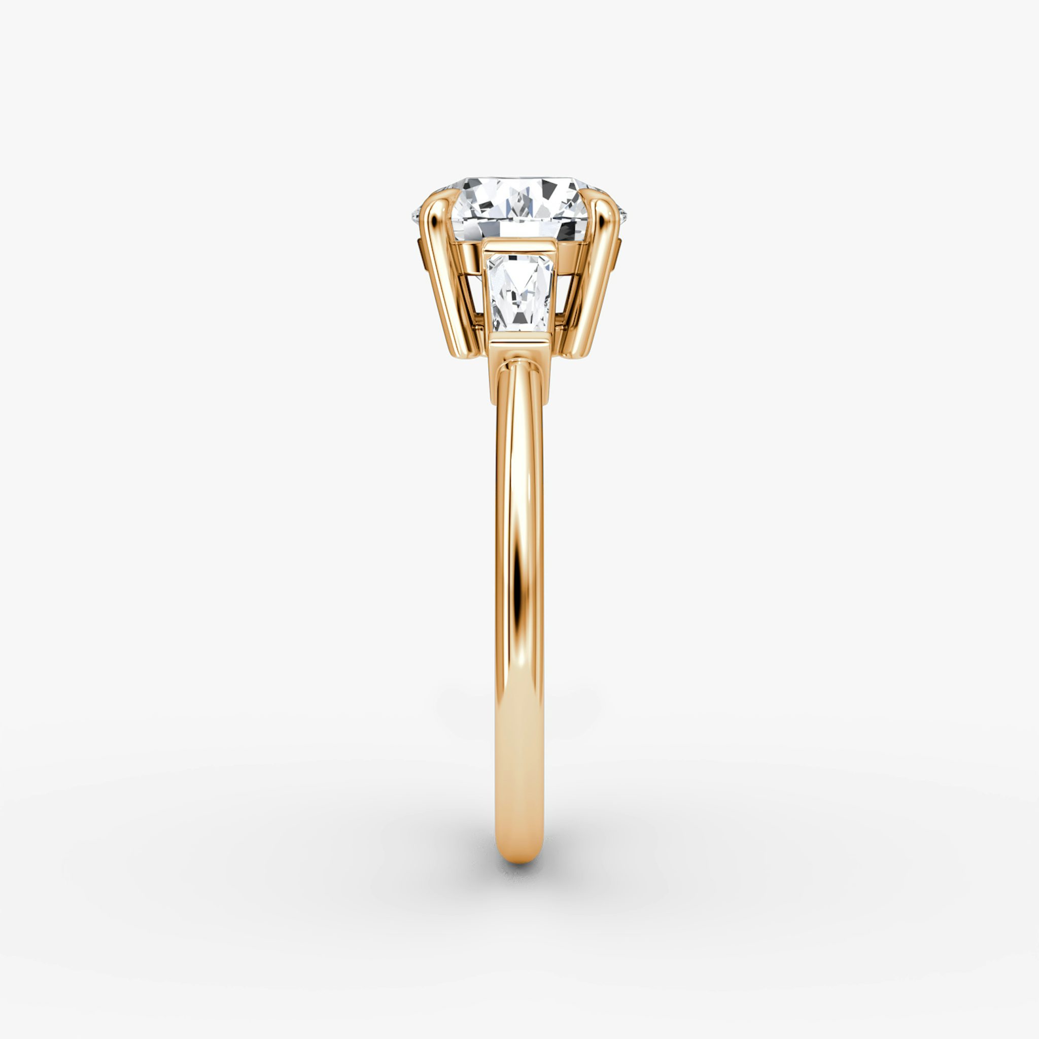 The Tapered Baguette Three Stone | Round Brilliant | 14k | Rose Gold | bandAccent: Plain | caratWeight: other | excludeFromFeed: null | diamondOrientation: vertical