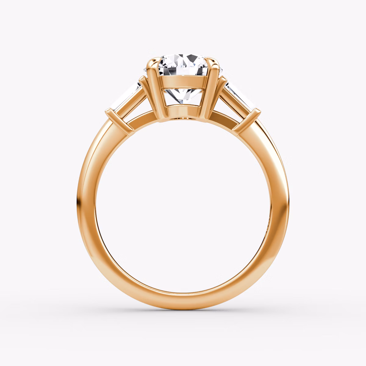 The Tapered Baguette Three Stone | Round Brilliant | 14k | Rose Gold | bandAccent: Plain | caratWeight: other | excludeFromFeed: null | diamondOrientation: vertical