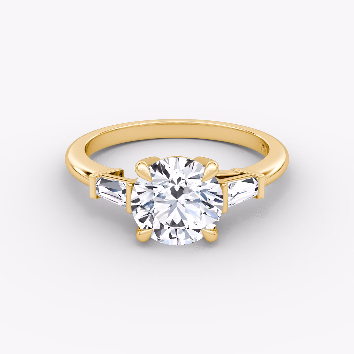 The Tapered Baguette Three Stone | Round Brilliant | 18k | Yellow Gold | bandAccent: Plain | caratWeight: 1.5ct | excludeFromFeed: null | diamondOrientation: vertical