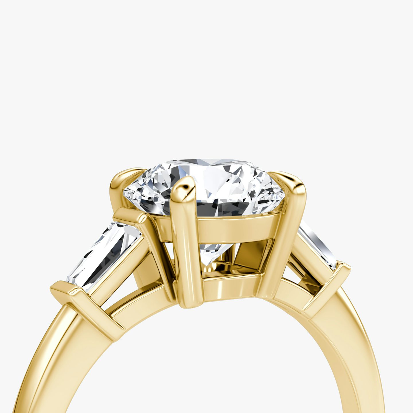 The Tapered Baguette Three Stone | Round Brilliant | 18k | Yellow Gold | bandAccent: Plain | caratWeight: 1.0ct | excludeFromFeed: null | diamondOrientation: vertical